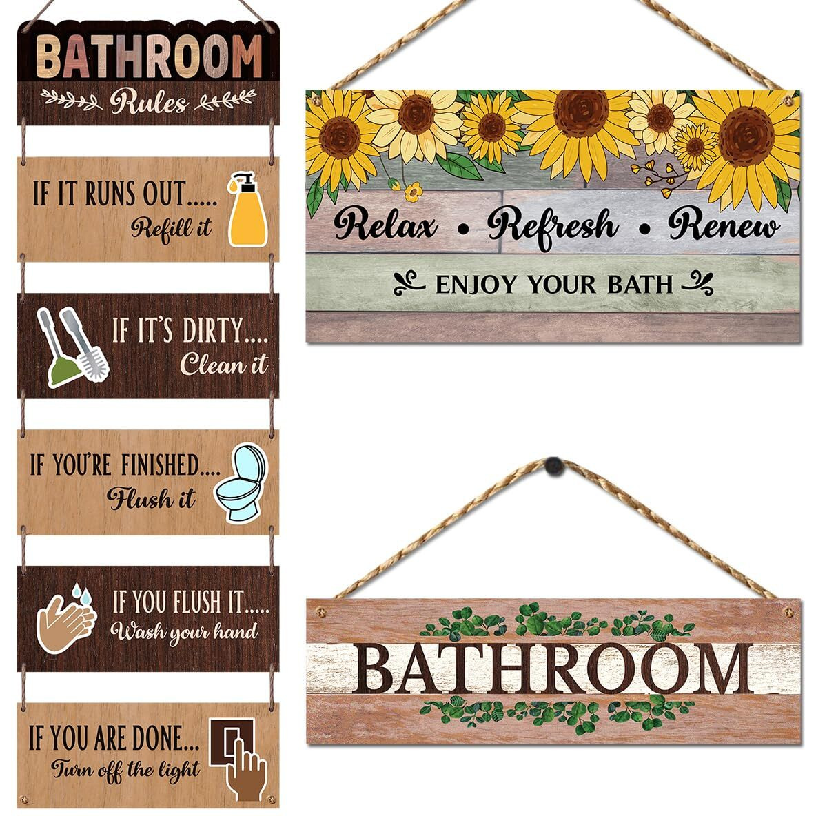 Chaka Chaundh Bathroom Wall Plaque - Set Of 3 Vintage Wood Framed Posters With Quotes, Etiquette And Rules