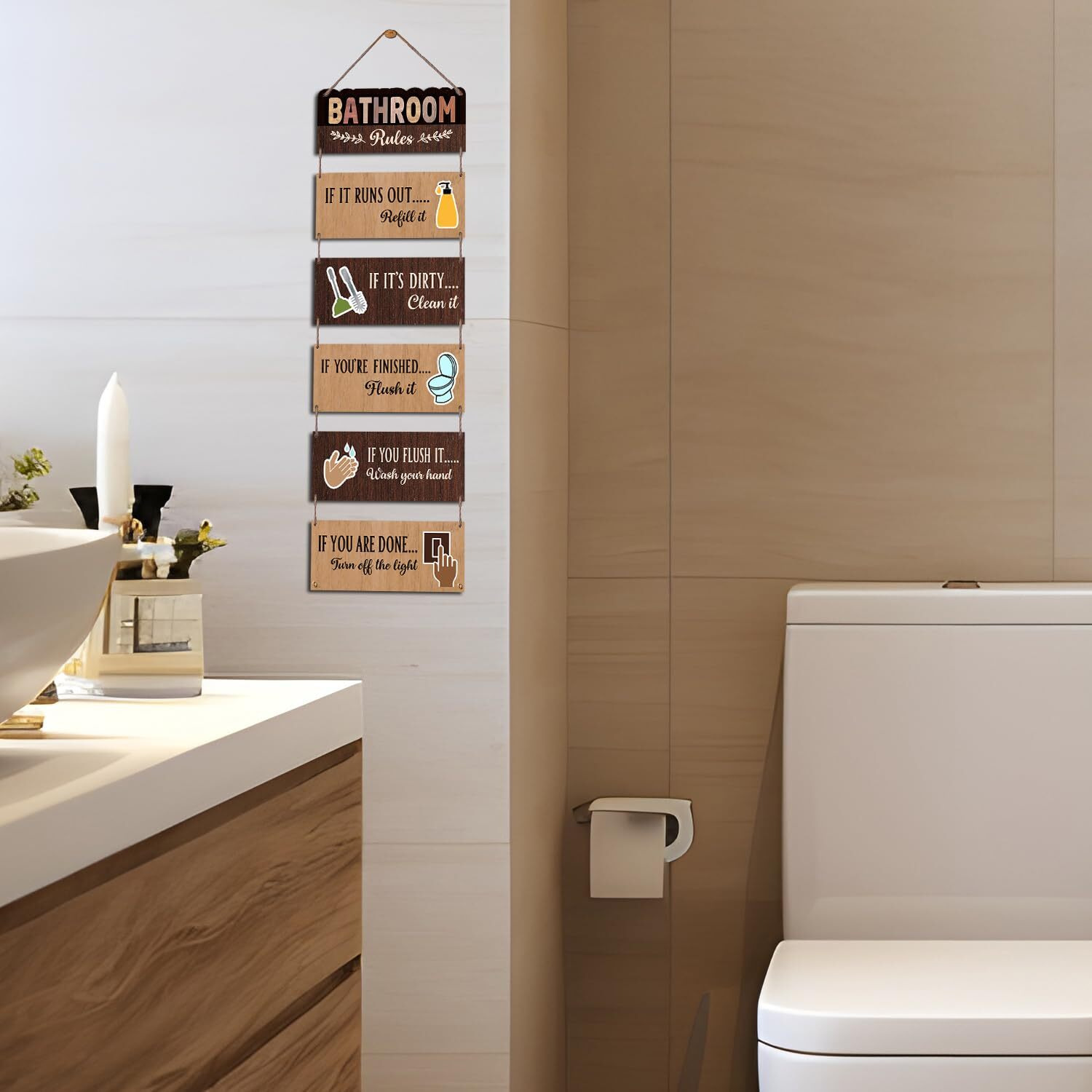 Chaka Chaundh Bathroom Wall Plaque - Set Of 3 Vintage Wood Framed Posters With Quotes, Etiquette And Rules