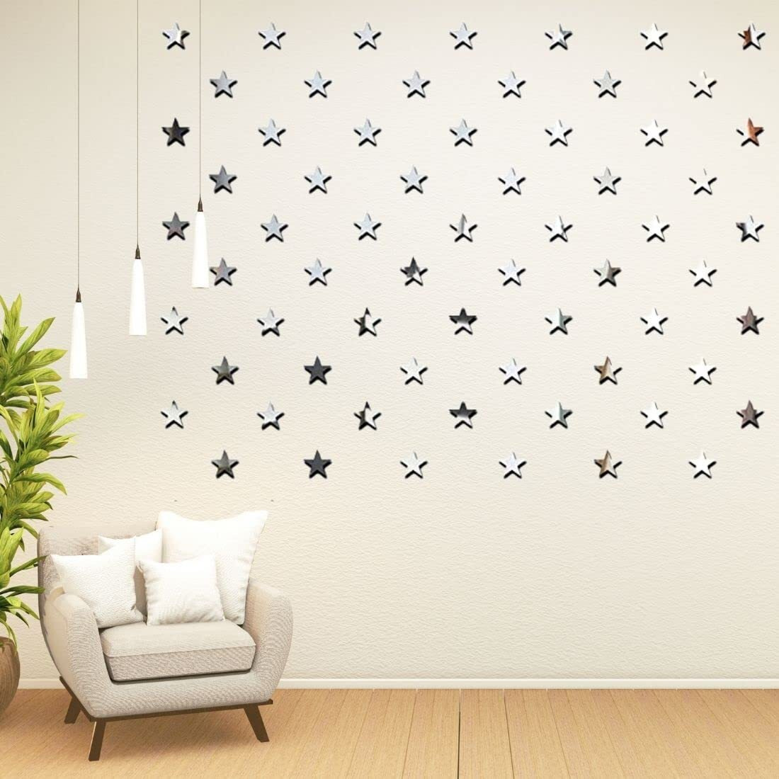 Meraki Mart Silver Star Wall Stickers Non Glass 3D Acrylic Mirror Diy Decor Self Adhesive Tiles Wall Decor Art For Home, Bedroom, Office, Garden And Washroom (Silver, 100 Pcs, Size 5X5 Cm)