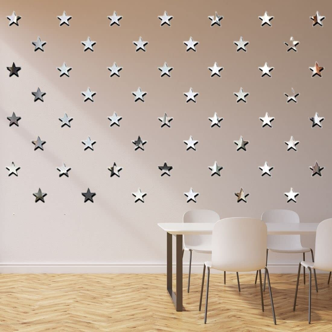 Meraki Mart Silver Star Wall Stickers Non Glass 3D Acrylic Mirror Diy Decor Self Adhesive Tiles Wall Decor Art For Home, Bedroom, Office, Garden And Washroom (Silver, 100 Pcs, Size 5X5 Cm)