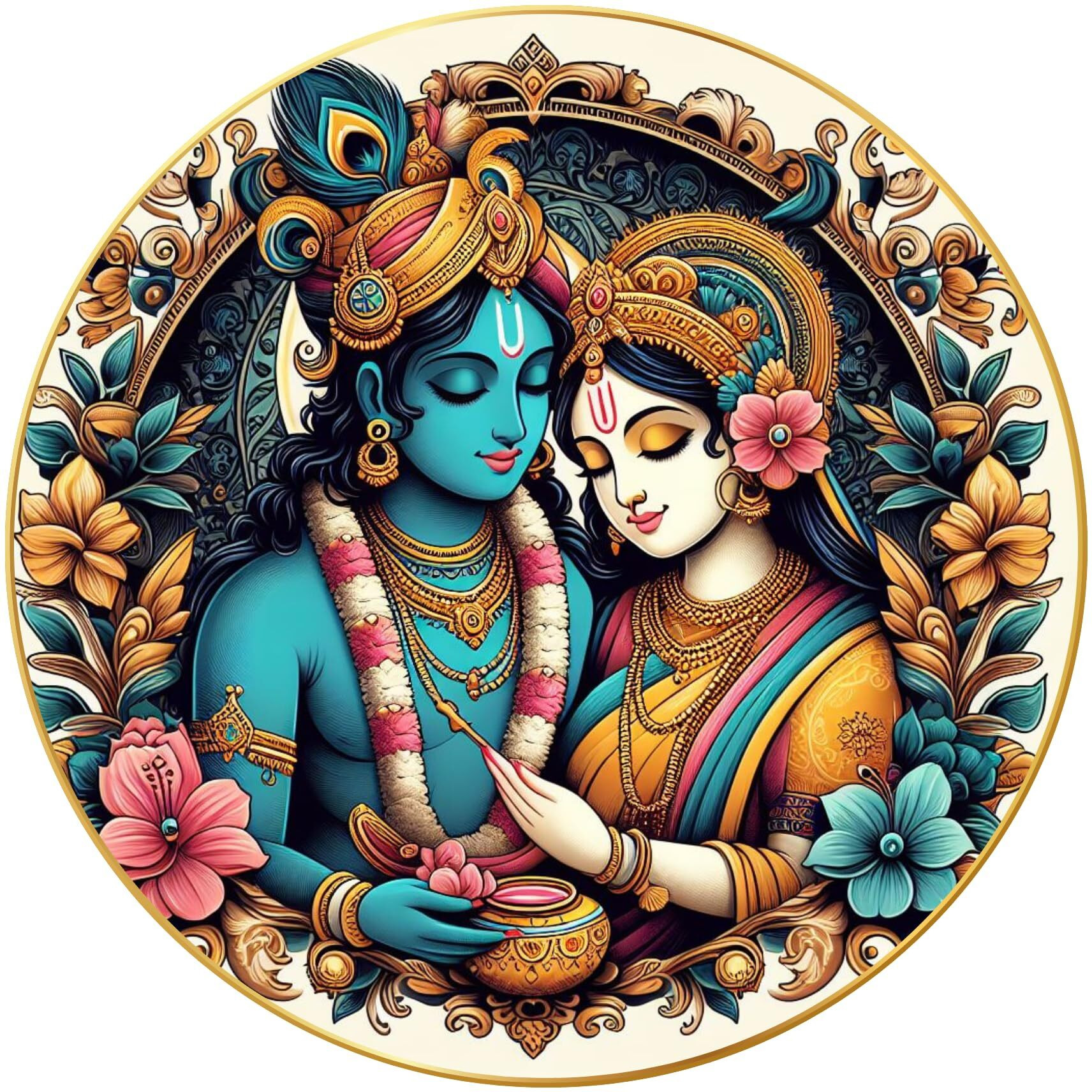 Nozvera Modern Radha Krishna Wall Painting With Frame - Sparkle Glossy Round Golden Framed Large Painting For Office, Living Room, Bedroom, Home Wall Decoration (Design 03, 40 Cm * 40 Cm)