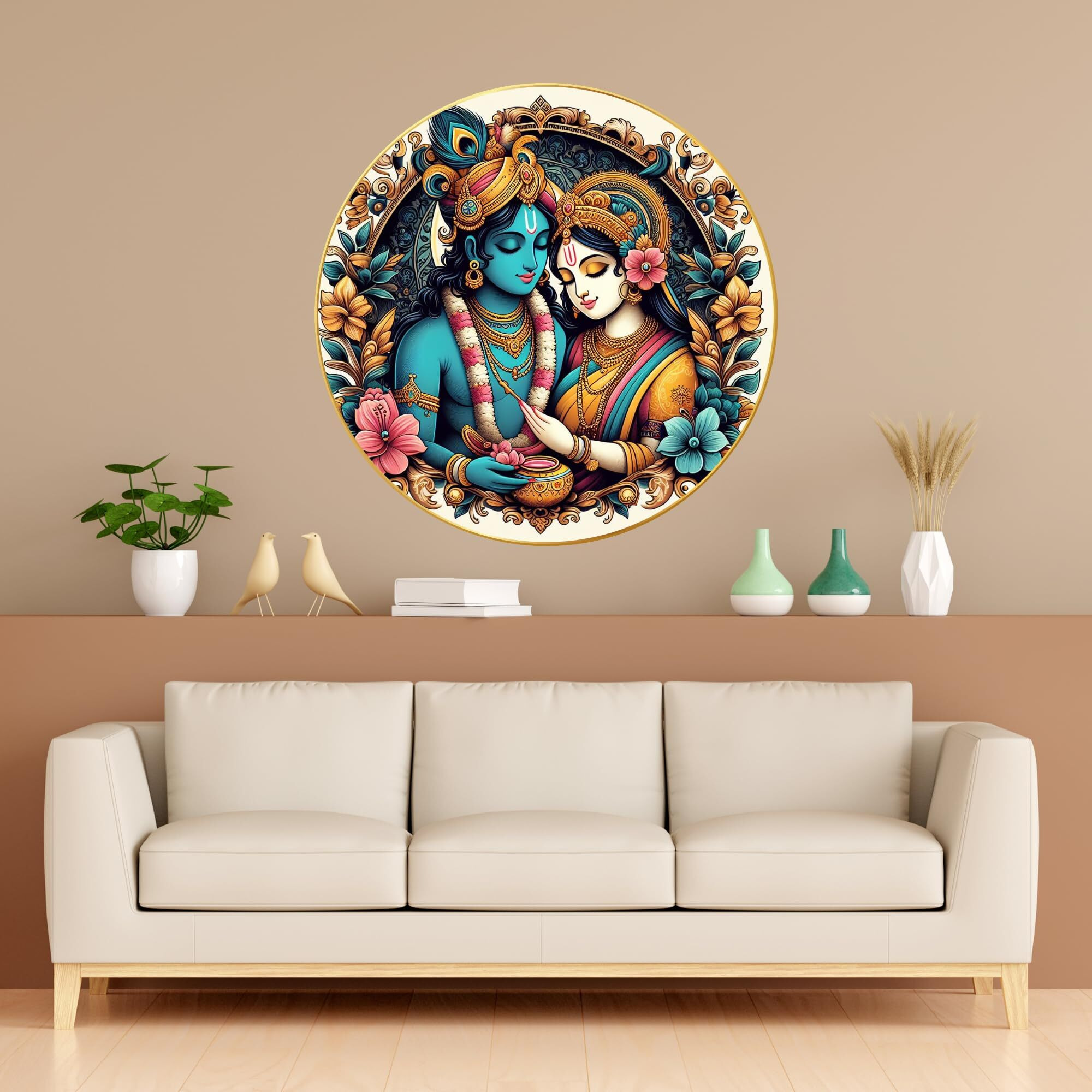 Nozvera Modern Radha Krishna Wall Painting With Frame - Sparkle Glossy Round Golden Framed Large Painting For Office, Living Room, Bedroom, Home Wall Decoration (Design 03, 40 Cm * 40 Cm)