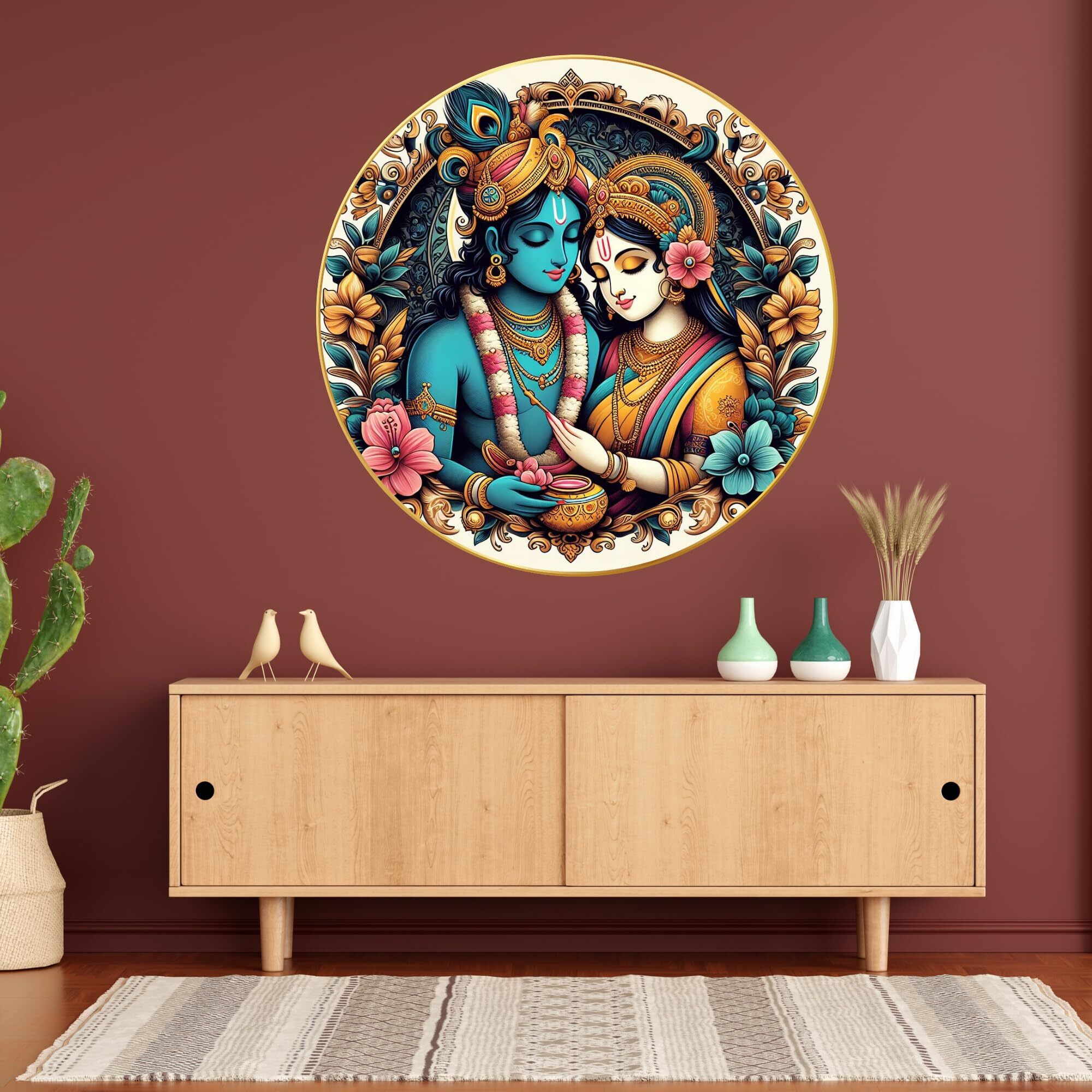 Nozvera Modern Radha Krishna Wall Painting With Frame - Sparkle Glossy Round Golden Framed Large Painting For Office, Living Room, Bedroom, Home Wall Decoration (Design 03, 40 Cm * 40 Cm)
