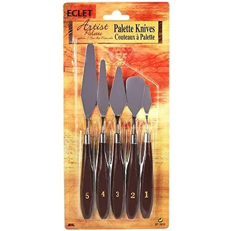 Eclet Palette Painting Knives - Set Of 5 Various Sizes & Shapes, Stainless Steel Scraper Spatula With Polished Brown Handle For Artist Canvas Oil Paint Mixing Colour(A)