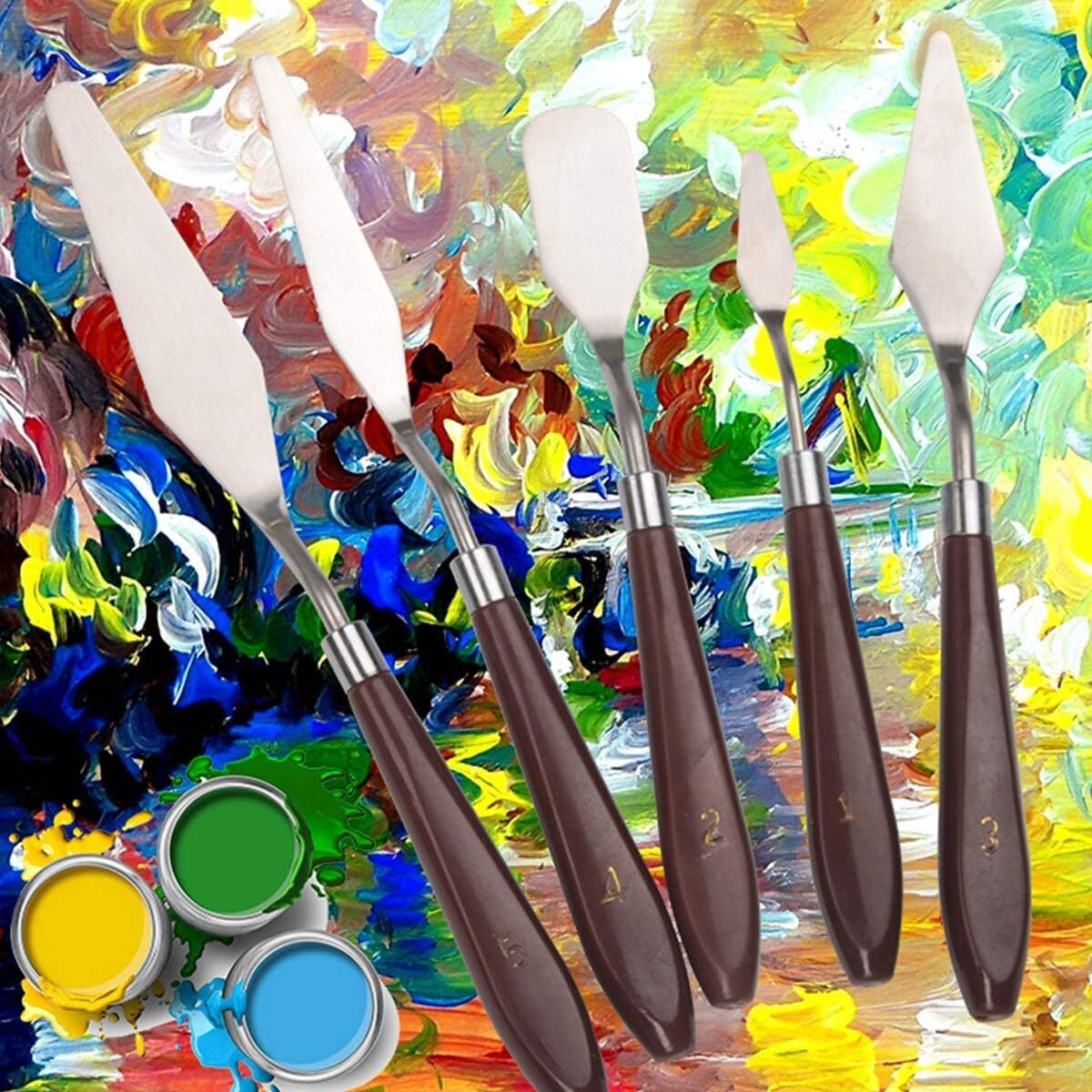 Eclet Palette Painting Knives - Set Of 5 Various Sizes & Shapes, Stainless Steel Scraper Spatula With Polished Brown Handle For Artist Canvas Oil Paint Mixing Colour(A)