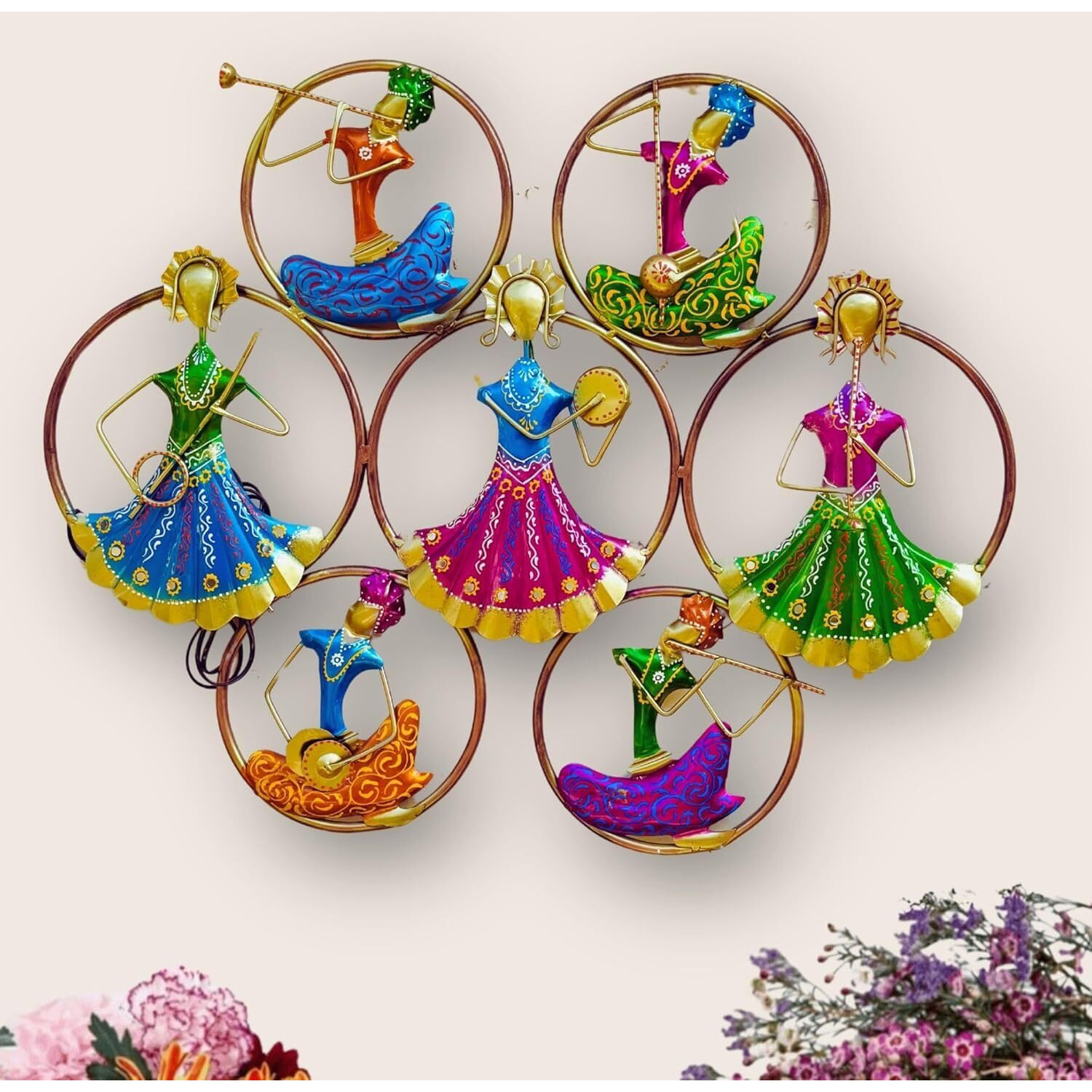 Anshika International Decorative Wall Art 7 Musicians Doll Circle With Led Light, Metal Ring Frames, Multicolour Traditional Lady Musicians -Size 30X24 Inch