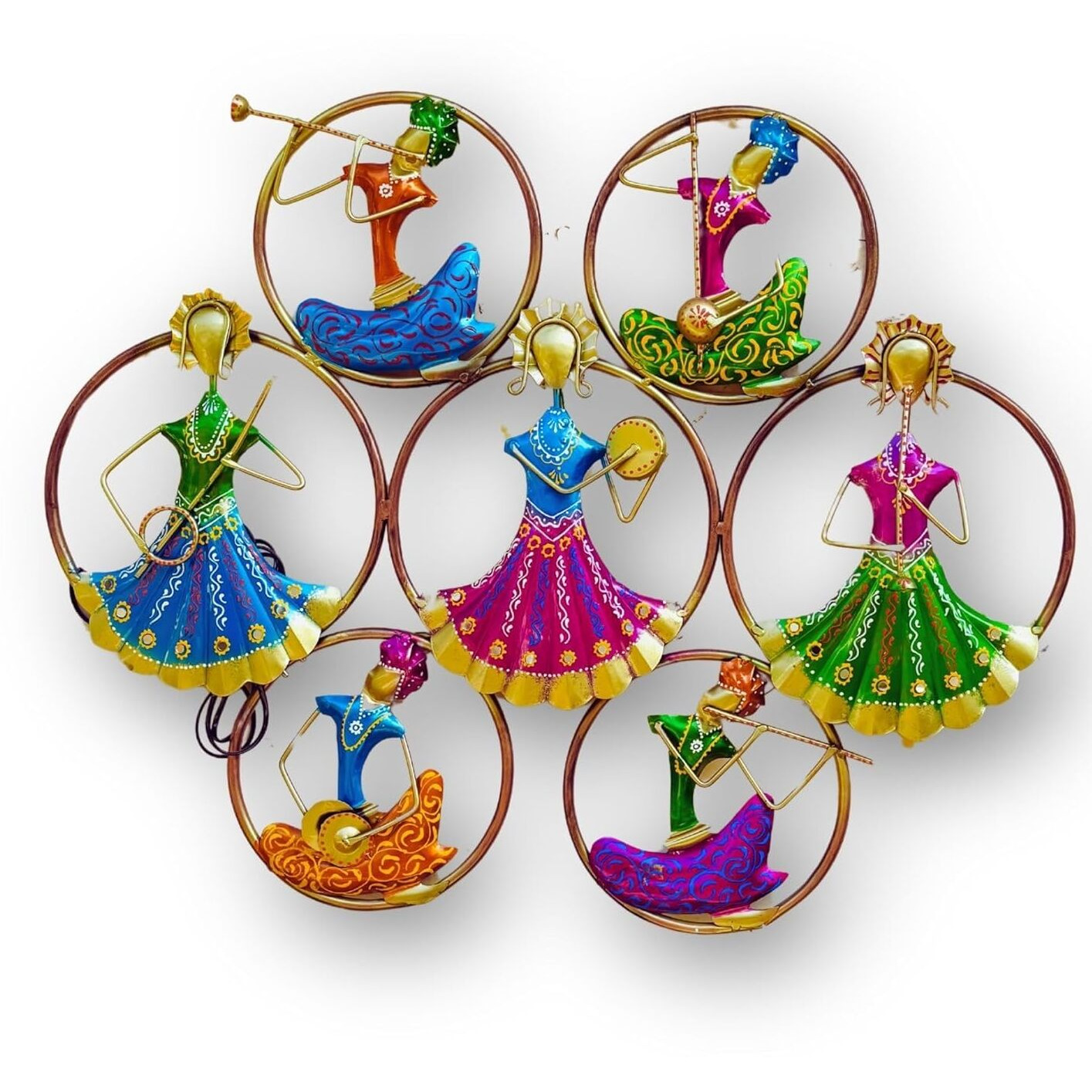 Anshika International Decorative Wall Art 7 Musicians Doll Circle With Led Light, Metal Ring Frames, Multicolour Traditional Lady Musicians -Size 30X24 Inch