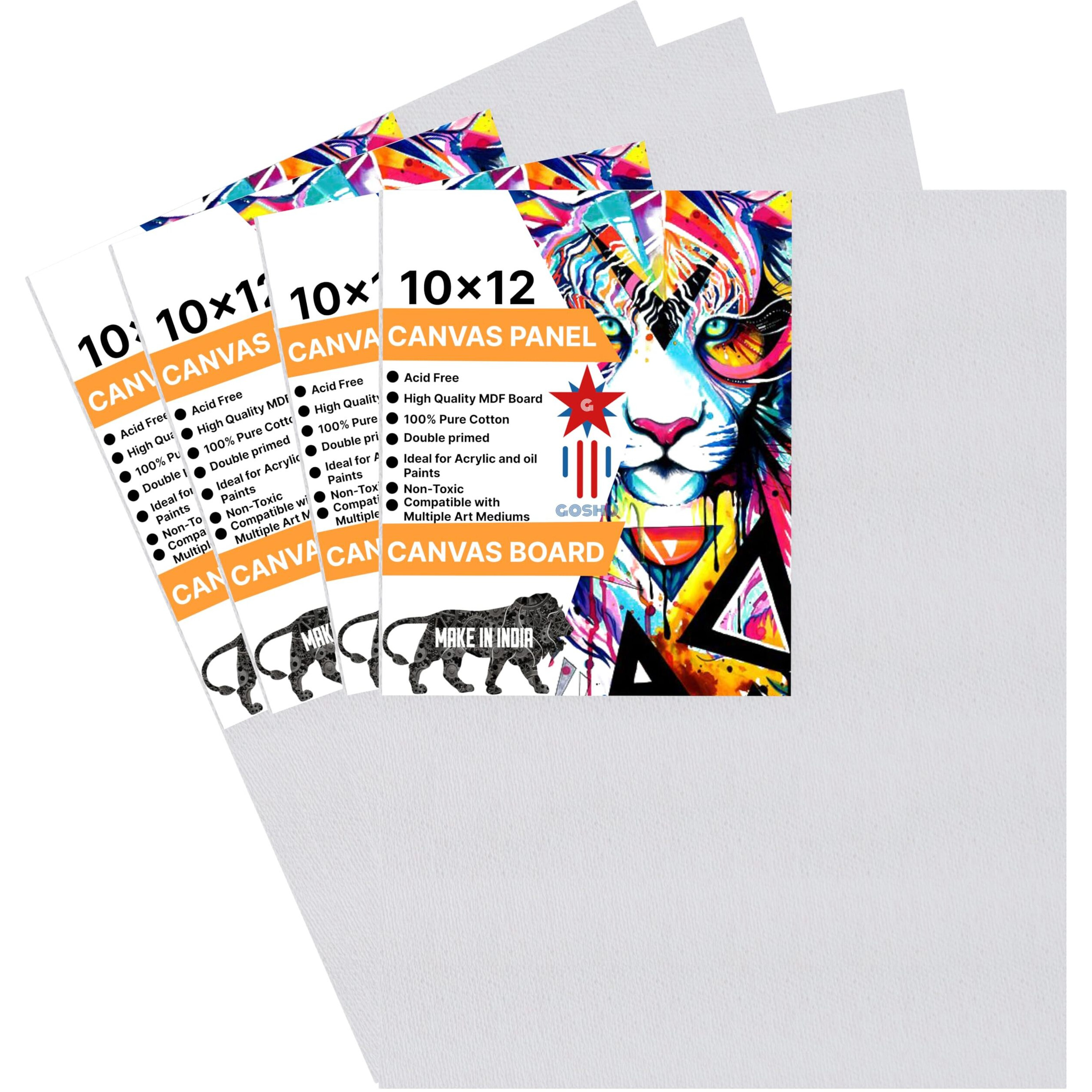 Goshu Triple Gesso Primed Surface With Mdf Backing 10X12 Inches Canvas Board/Panel With 100% Cotton Sourced From Bharat For Oil, Acrylic & Watercolor Painting (Pack Of 4, 10X12 Inches)