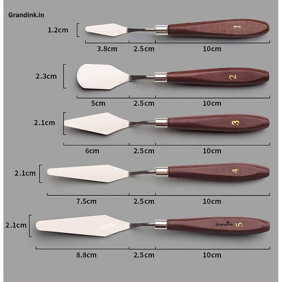 Grandink Palette Painting Knives - Set Of 5 Various Sizes & Shapes, Stainless Steel Scraper Spatula With Polished Brown Handle For Artist Canvas Oil Paint Mixing Colour