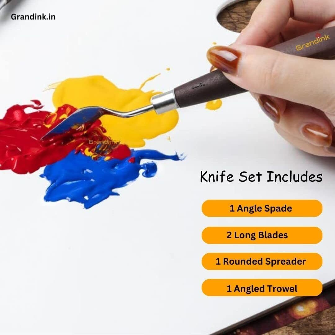 Grandink Palette Painting Knives - Set Of 5 Various Sizes & Shapes, Stainless Steel Scraper Spatula With Polished Brown Handle For Artist Canvas Oil Paint Mixing Colour
