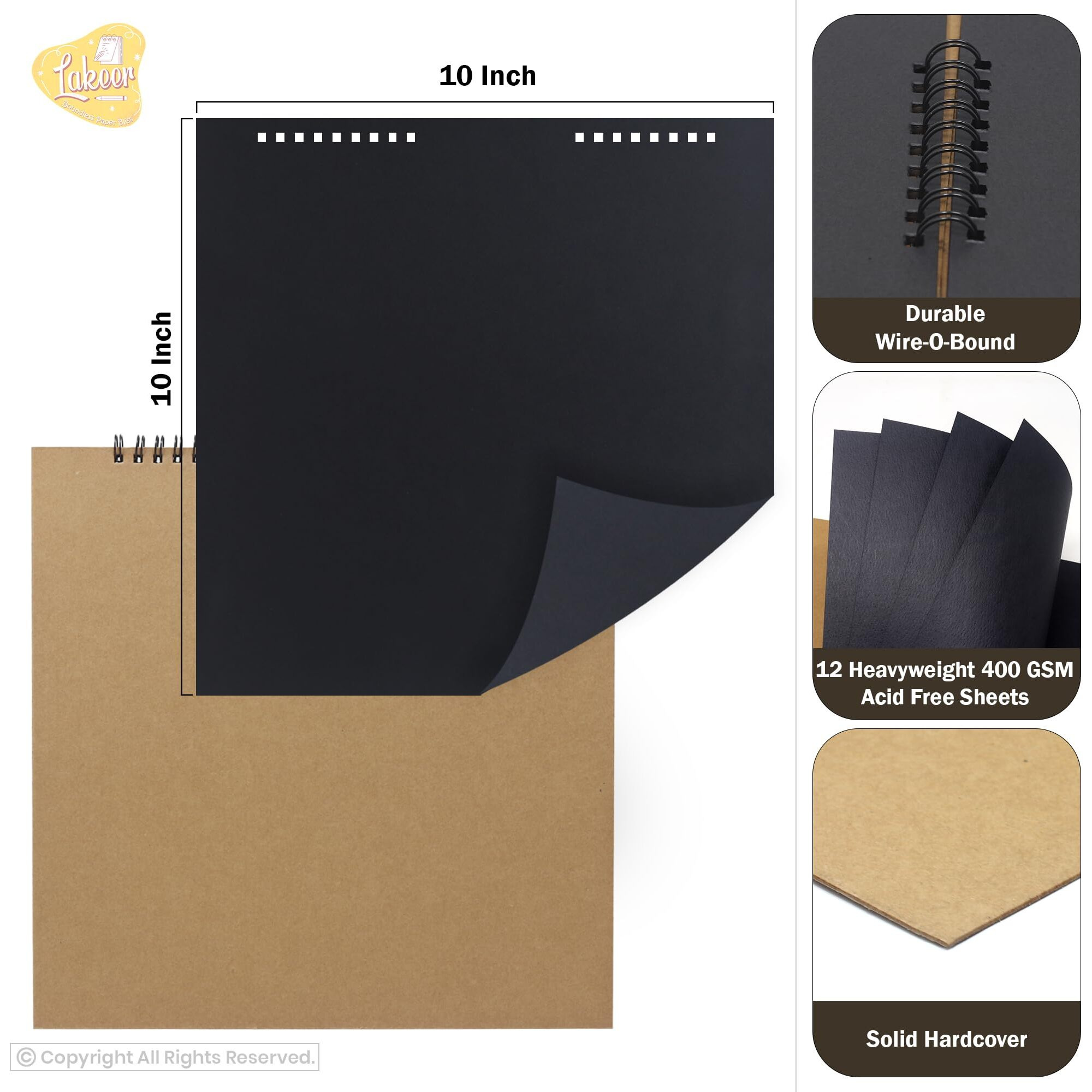 Lakeer 10" X 10" Black Sketchbook 400 Gsm Thick Paper Wireo Bound Hardboard Cover Acid Free 12 Sheets
