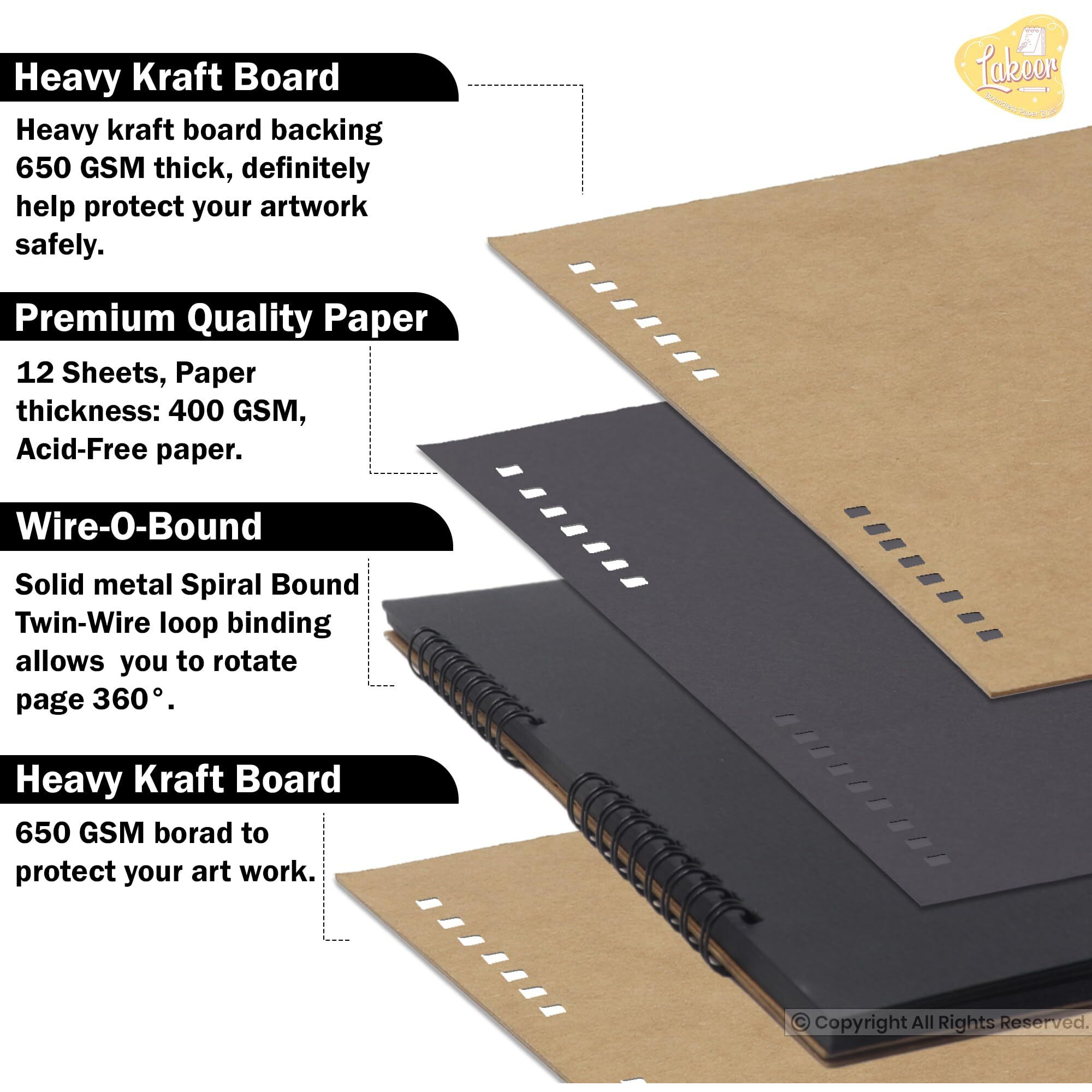 Lakeer 10" X 10" Black Sketchbook 400 Gsm Thick Paper Wireo Bound Hardboard Cover Acid Free 12 Sheets