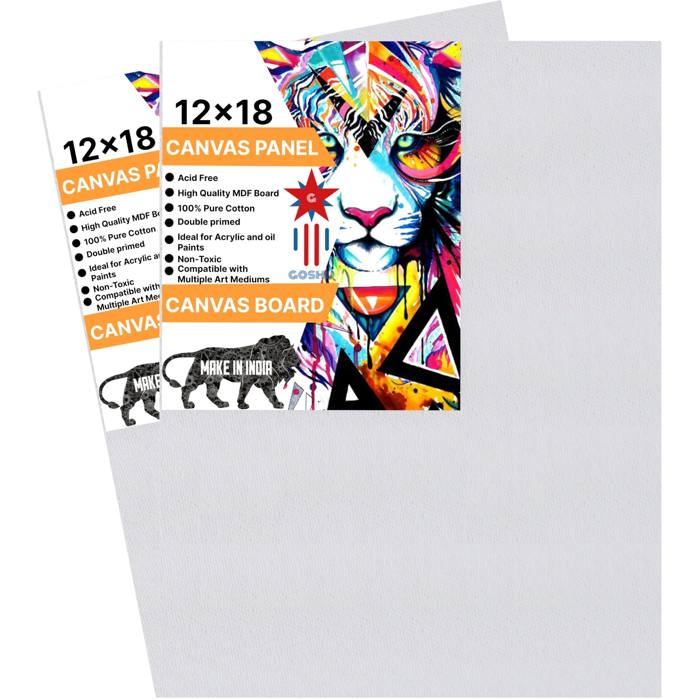 Goshu Triple Gesso Primed Surface With Mdf Backing 12X18 Inches Canvas Board/Panel With 100% Cotton Sourced From Bharat For Oil, Acrylic & Watercolor Painting (Pack Of 2, 12X18 Inches)