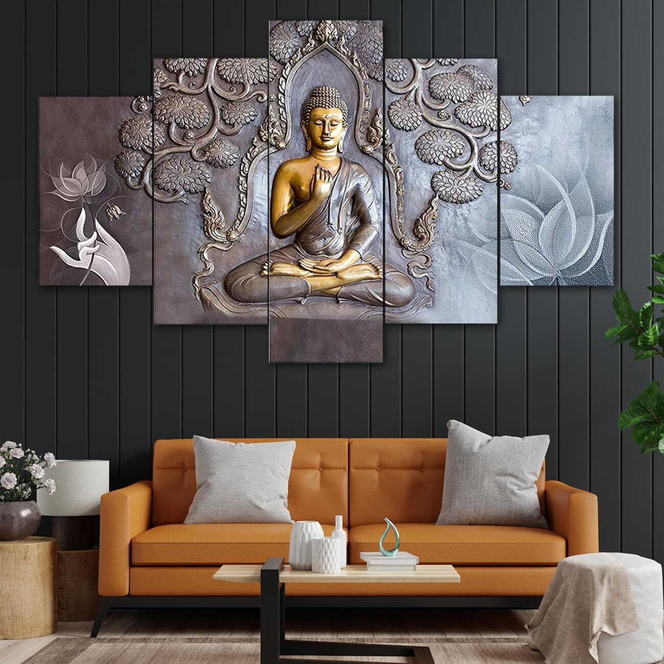 Perpetual Buddha 3D Scenery Wall Painting Set Of 5| Painting For Wall Decoration | Large Framed Wall Decor For Living Room, Office (75 X 43 Cm) K4D - Wood