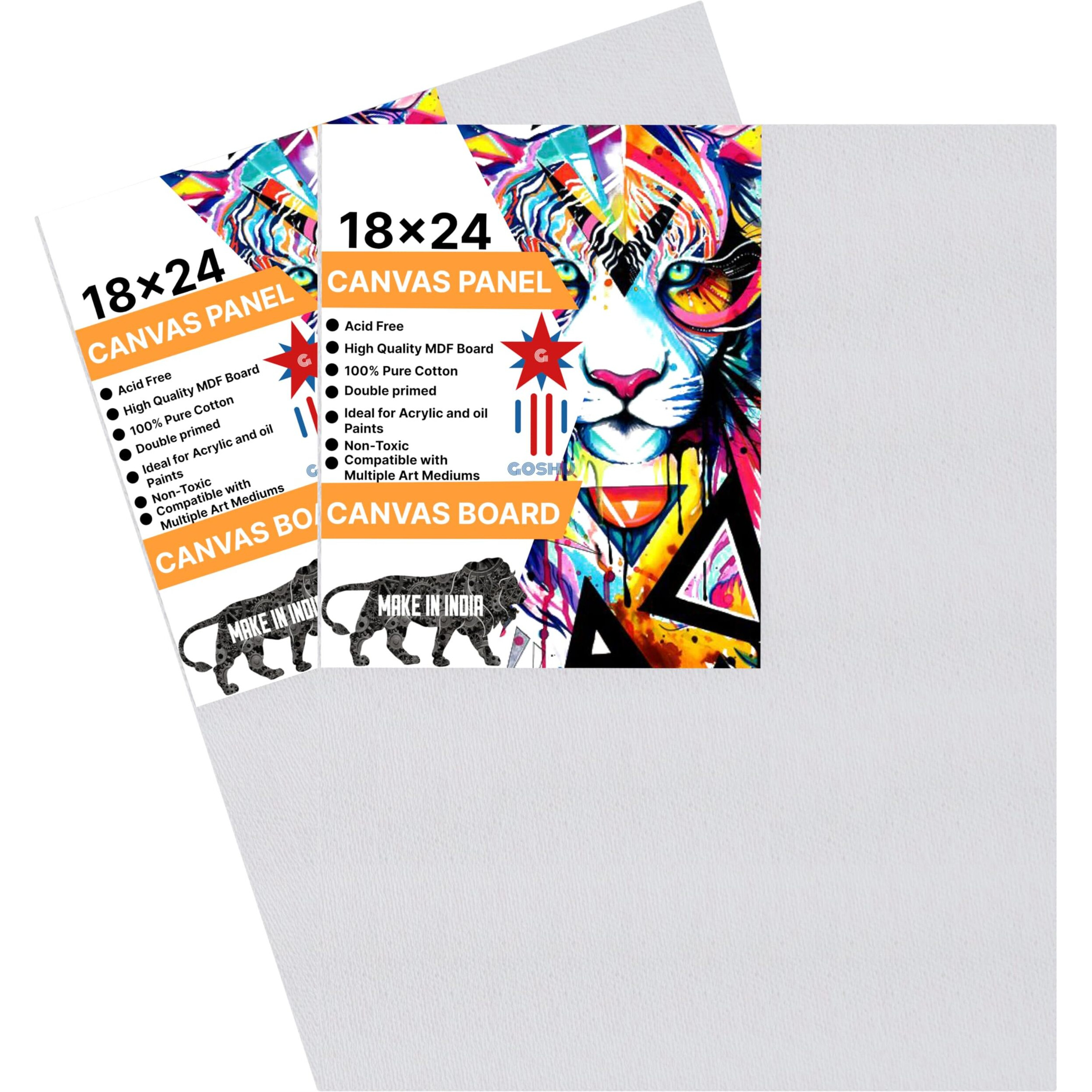 Goshu Triple Gesso Primed Surface With Mdf Backing 18X24 Inches Canvas Board/Panel With 100% Cotton Sourced From Bharat For Oil, Acrylic & Watercolor Painting (Pack Of 2, 18X24 Inches)