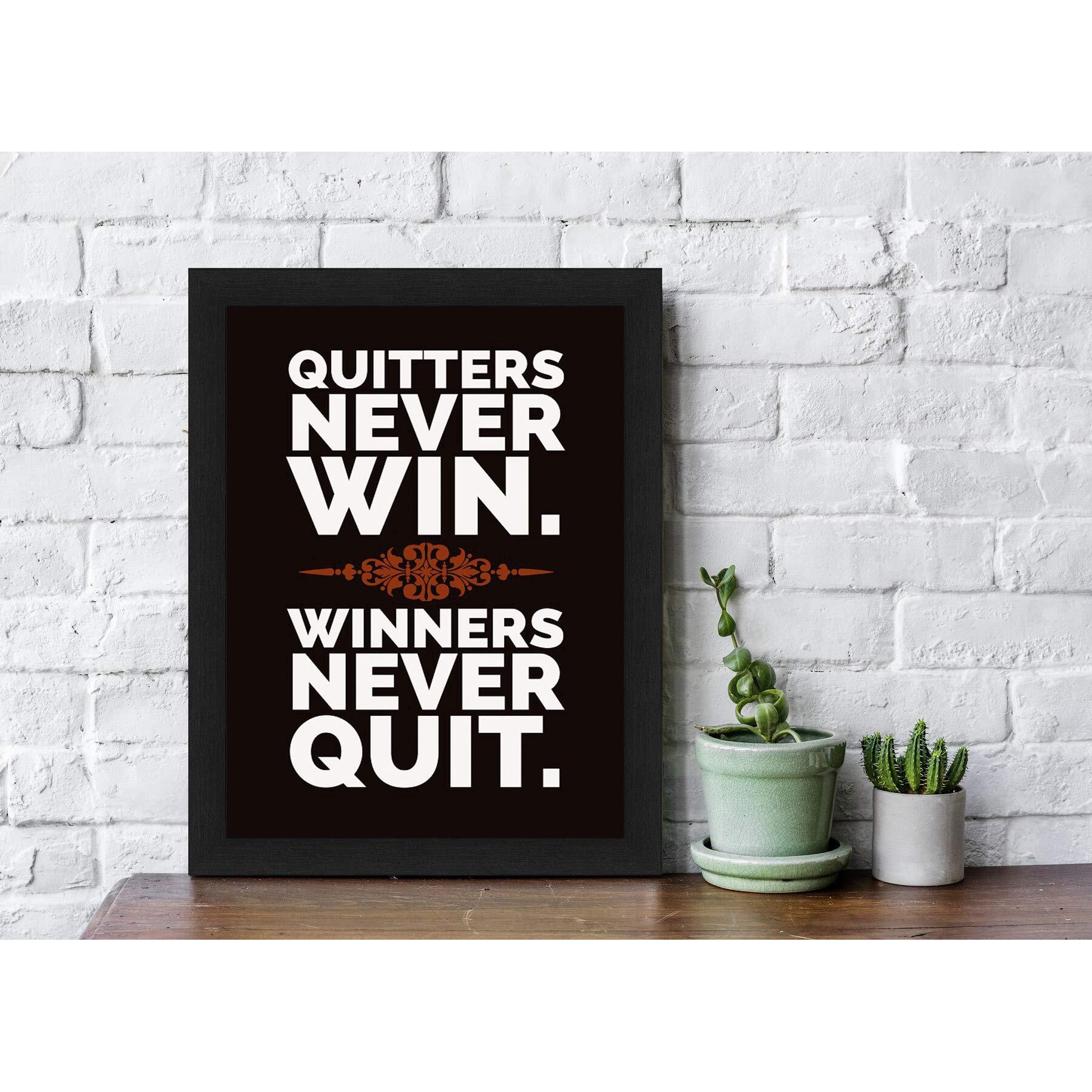 Interio Crafts Home Decor Synthetic Wood Motivational Quote Quitters Never Win Poster Frames(Synthetic Wood,Black,Frame Size 13&quotX10" Inches)