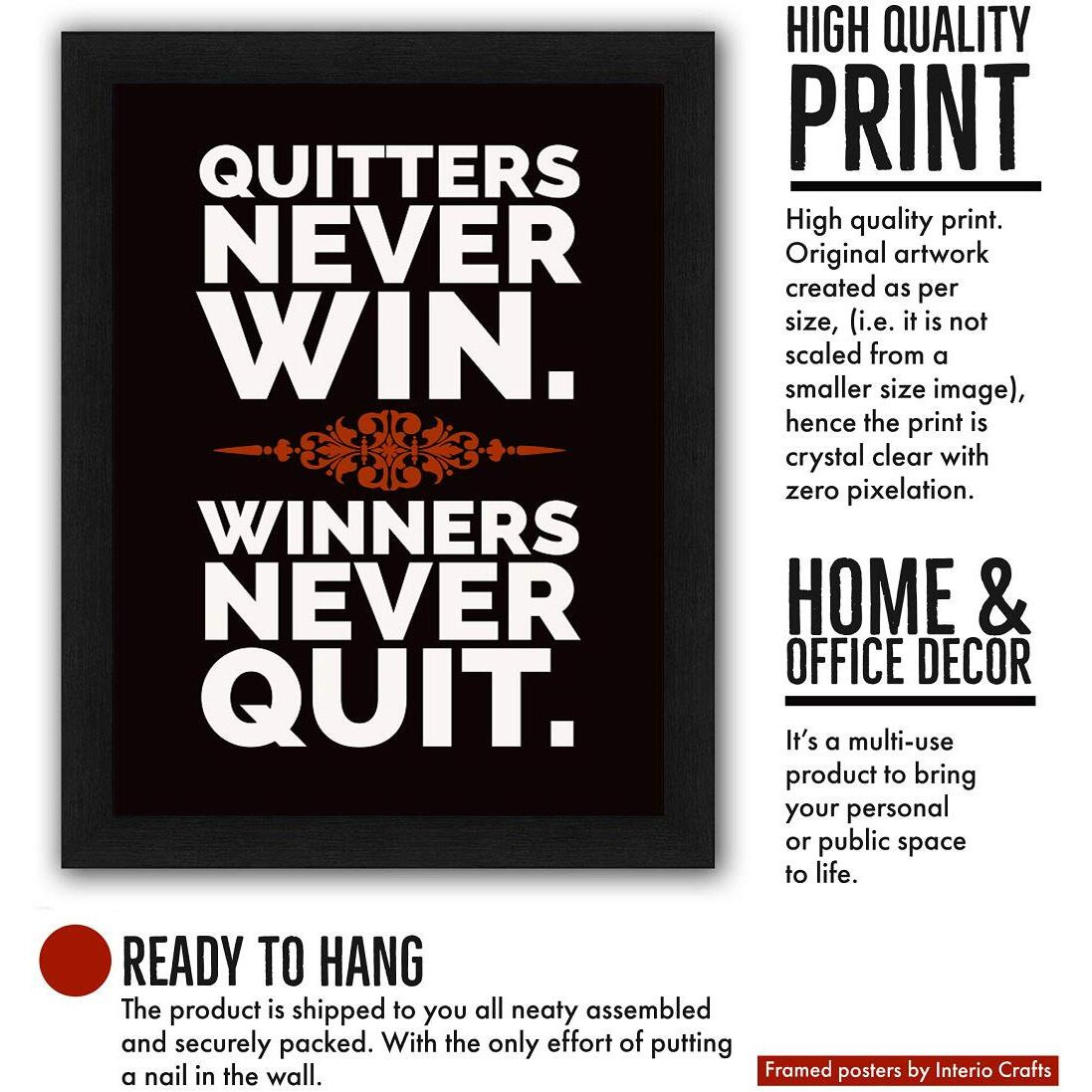 Interio Crafts Home Decor Synthetic Wood Motivational Quote Quitters Never Win Poster Frames(Synthetic Wood,Black,Frame Size 13&quotX10" Inches)