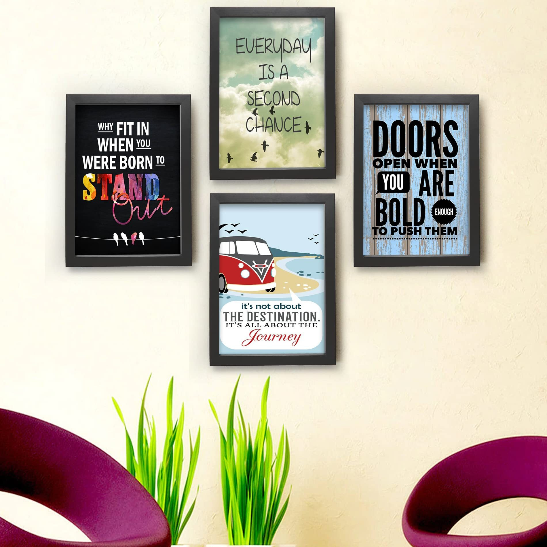 Tied Ribbons Set Of 4 Inspirational Quotes Wall Art Framed Posters Paintings For Living Room Bedroom Home Office Kitchen Restaurant Decoration Gift Item (Multi, 13.6 Inch X 10.2 Inch)