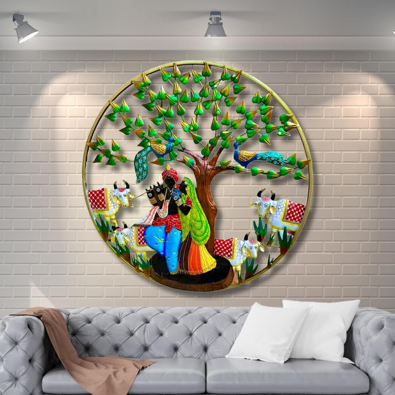 Rsn Vintage Metal Radha Krishna Cow With Led Light Wall Art Frame, Wall Hangings For Home Decoration, Wall Sculpture For Living Room, Wall Hanging Decorative Items (Size 32X32 In)