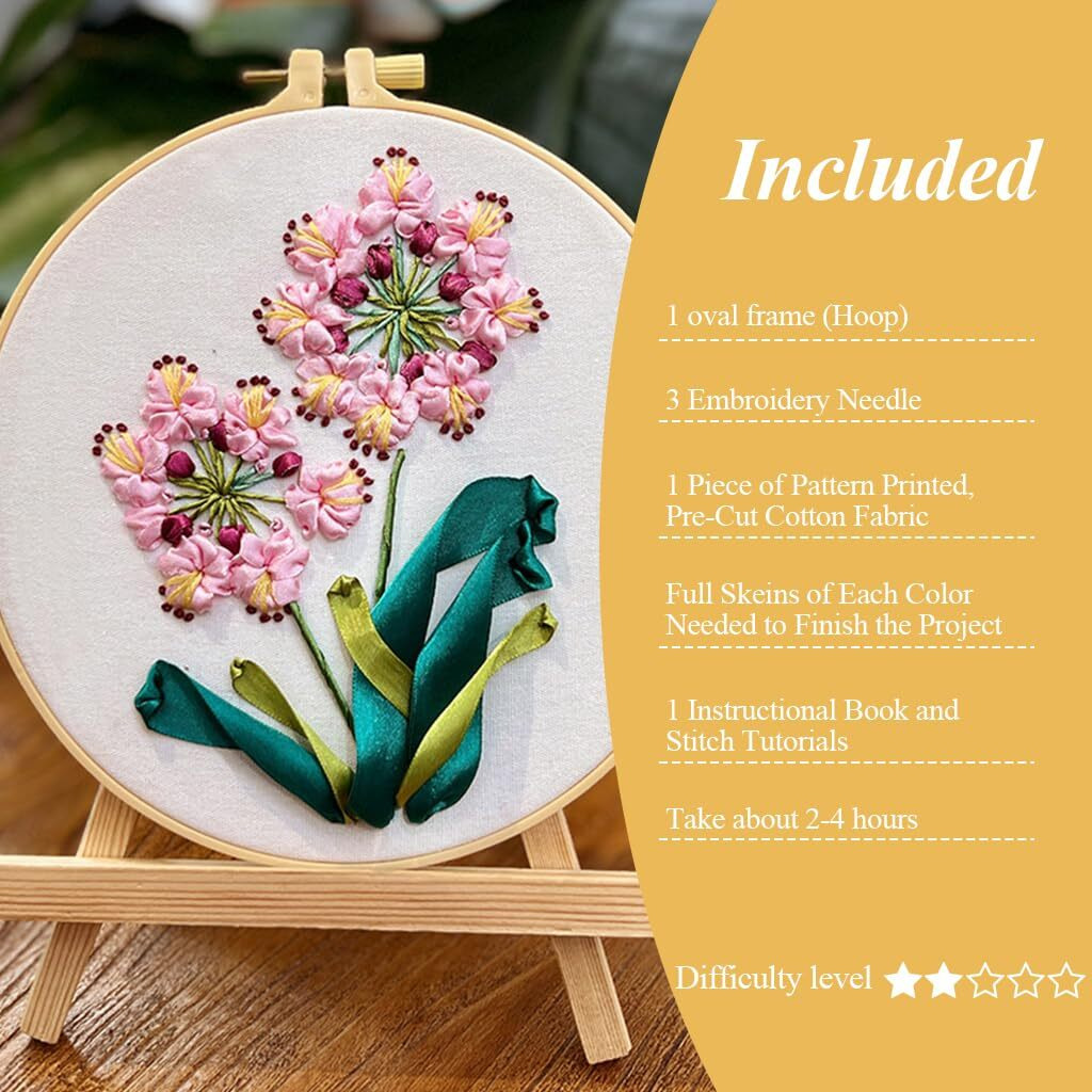Patpat Ribbon Embroidery 3D Flowers Pattern Design Kit Embroidery Diy Handwork Set Oval Home Decoration