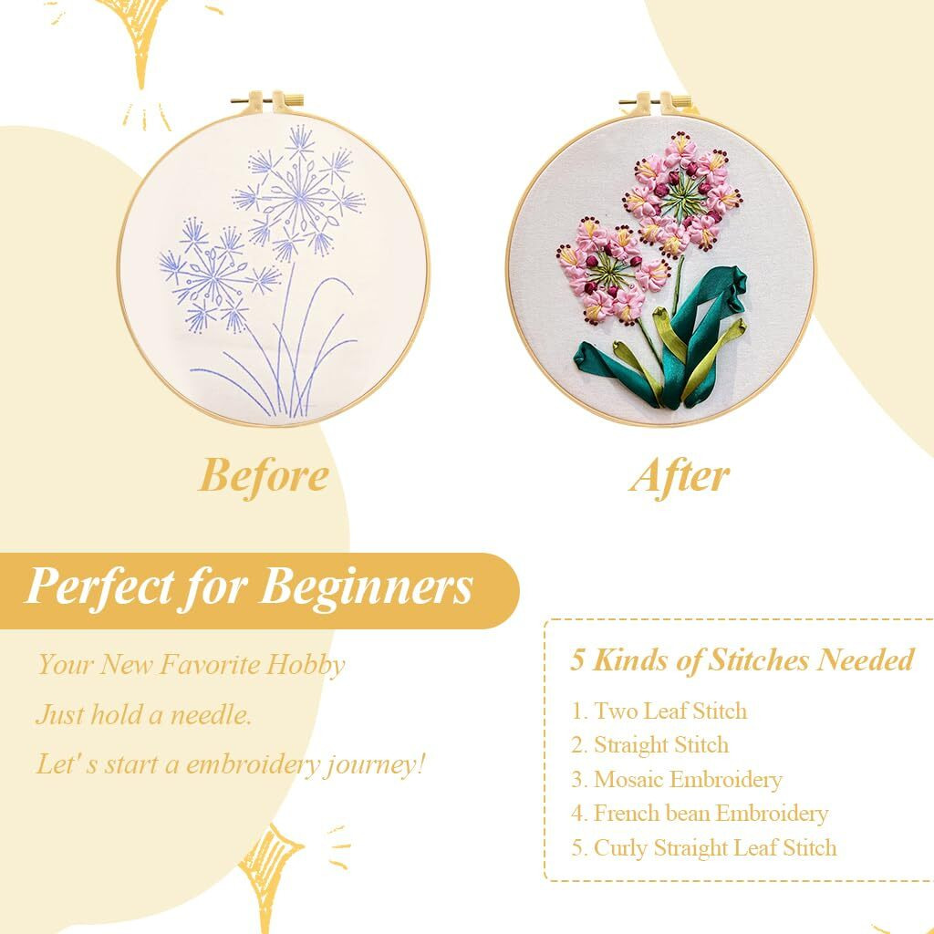 Patpat Ribbon Embroidery 3D Flowers Pattern Design Kit Embroidery Diy Handwork Set Oval Home Decoration