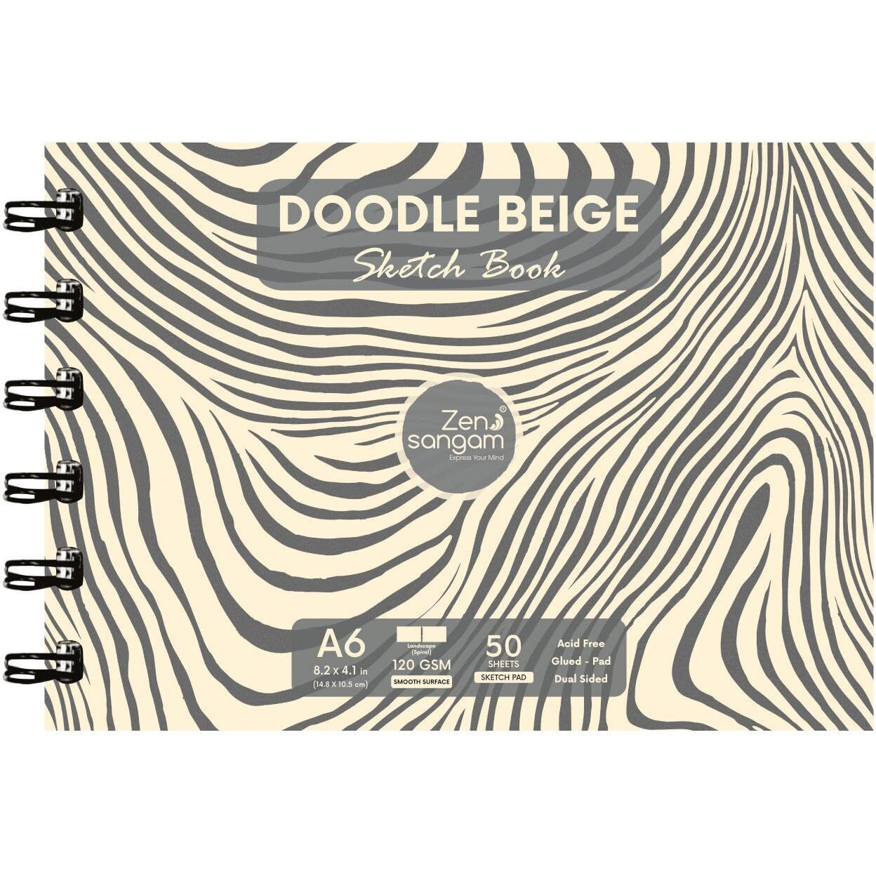 Zen Sangam Artists A6 Spiral 120 Gsm Beige Toned Paper Sketchbook - Landscape - Smooth Surface - 50 Sheets | Size (14.8X10.5Cm) For Color Pencils,Fineliners,Crayons,Oil Pastels,Wax Crayons,Charcoal
