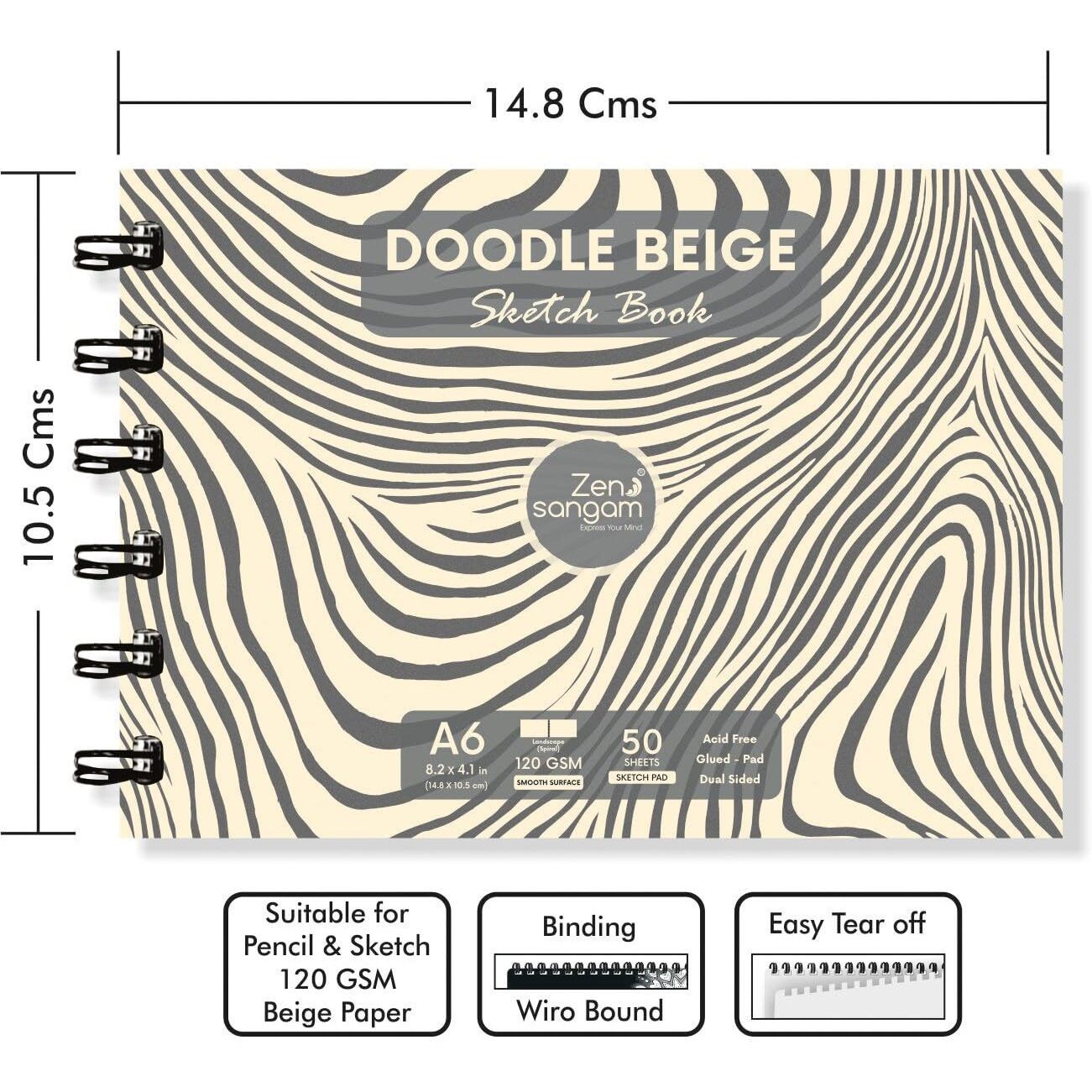 Zen Sangam Artists A6 Spiral 120 Gsm Beige Toned Paper Sketchbook - Landscape - Smooth Surface - 50 Sheets | Size (14.8X10.5Cm) For Color Pencils,Fineliners,Crayons,Oil Pastels,Wax Crayons,Charcoal