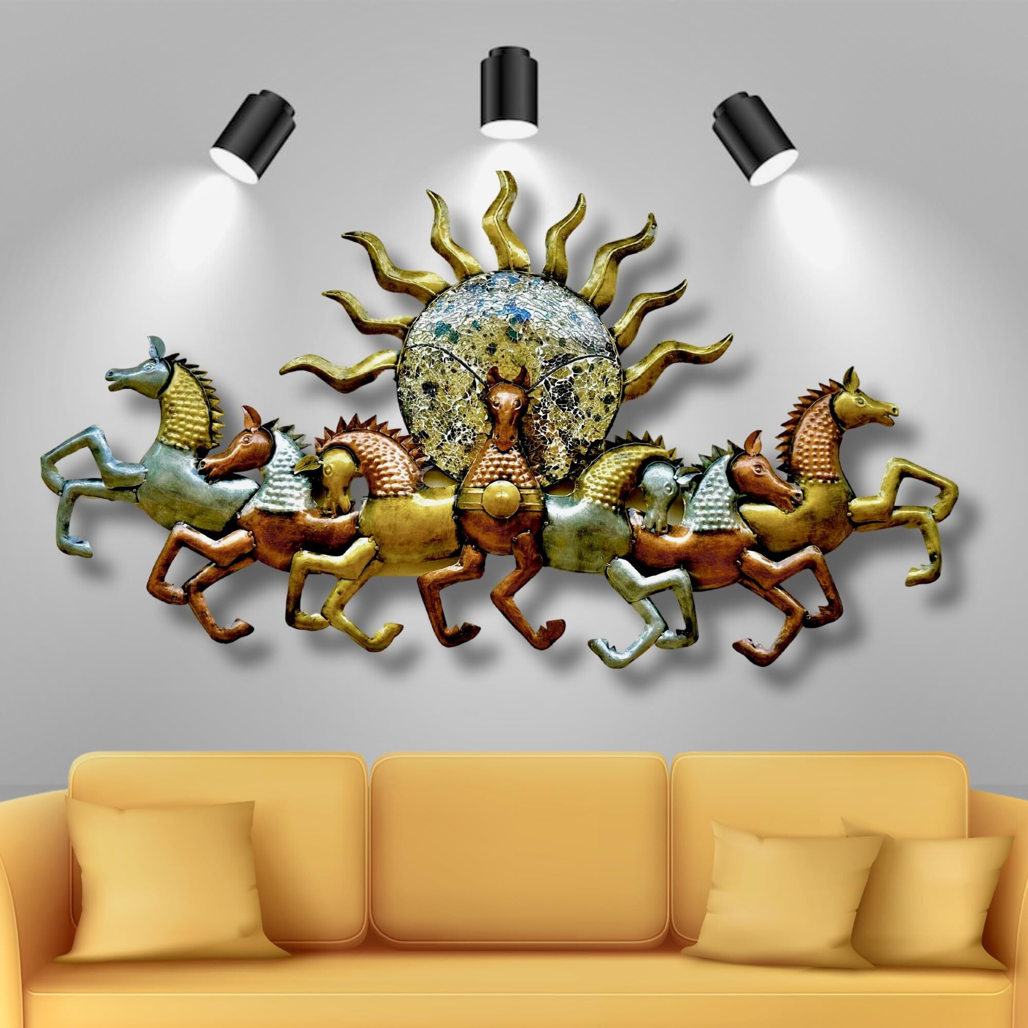 Rsn Metal Wall Art Iron Wall Hanging 7 Horse With Led Light Metal Frame Wall Dcor Entrance, Wall Hanging For Living Room, Wrought Iron, Wall Art Decor Hanging For Home Decoration Living Room, Bedroom, Home, Office, Hotel (Size 46X27 In)