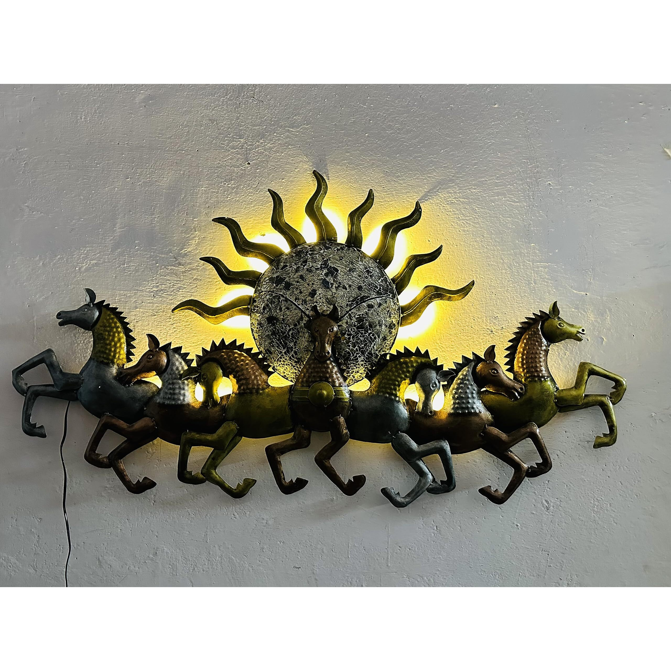 Rsn Metal Wall Art Iron Wall Hanging 7 Horse With Led Light Metal Frame Wall Dcor Entrance, Wall Hanging For Living Room, Wrought Iron, Wall Art Decor Hanging For Home Decoration Living Room, Bedroom, Home, Office, Hotel (Size 46X27 In)