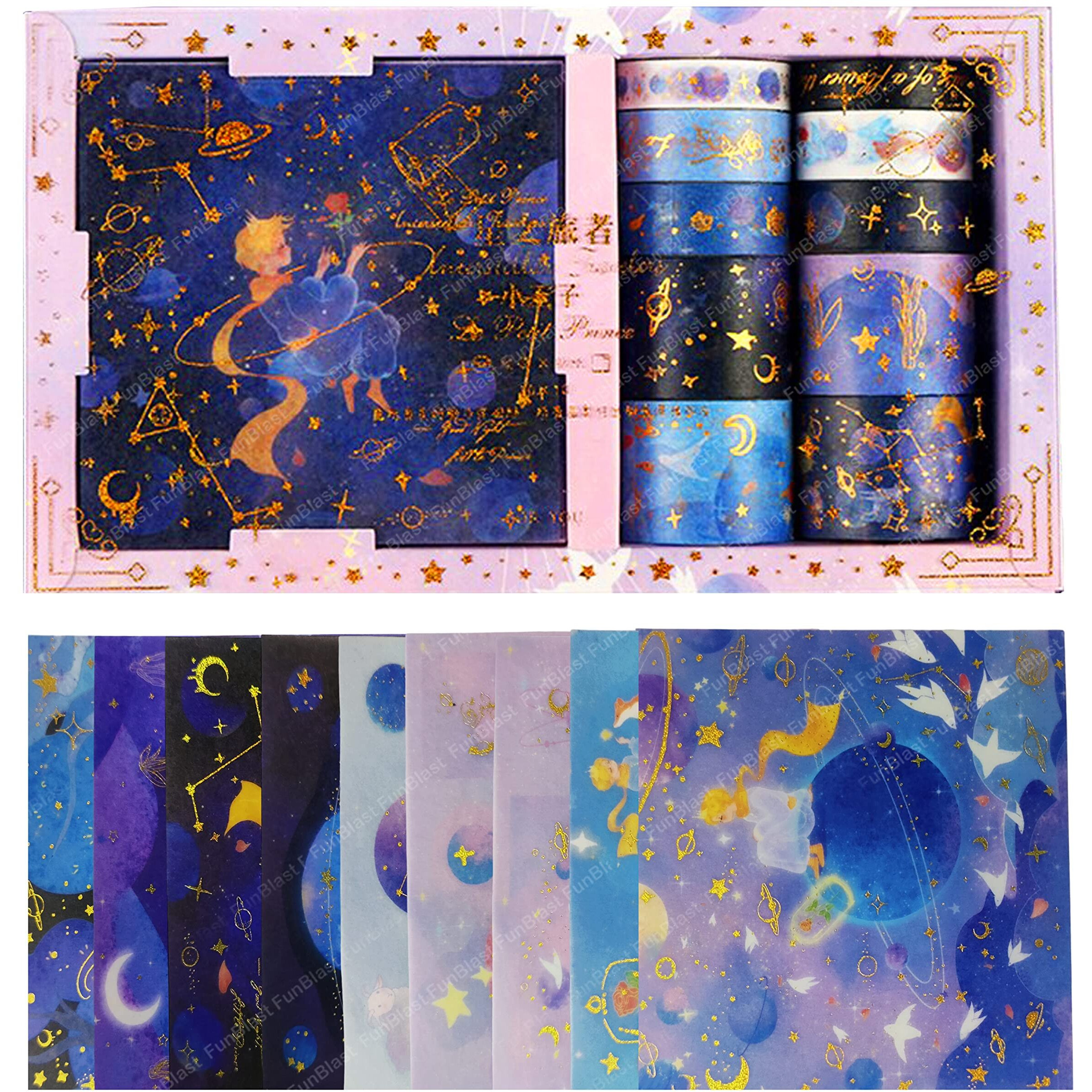 Funblast Space Theme Washi Tape Sets, 10 Rolls Washi Tapes With 10 Sheets Stickers, Designer Decorative Masking Tapes For Diy Crafts Arts Scrapbooking Bullet Journal Planners (Multicolor)