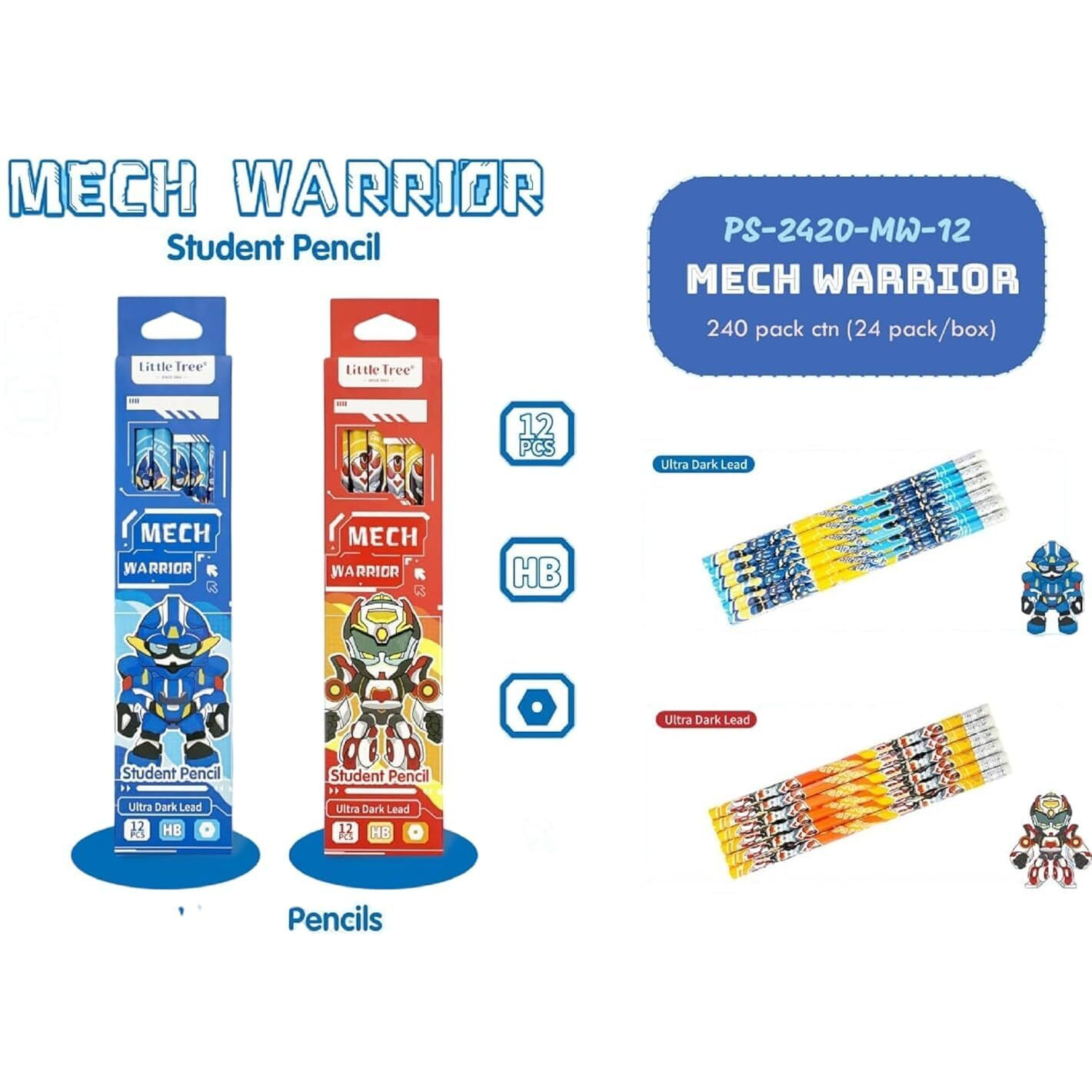 Deoxy Mech Warrior Student Hb Pencils, Ultra Dark Lead, 12 Pieces, Pack Of 2, Blue And Red
