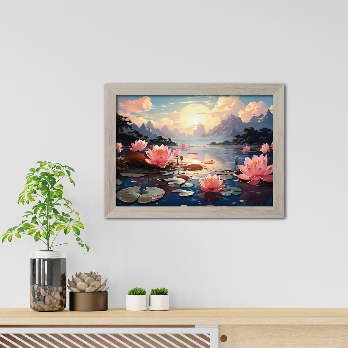 Tenorarts Lotus Photo Frame Vastu Positivity Abstract Art Framed Aesthetic Wall Painting With White Wooden Texture For Living Rooms Office Bedroom - Paintings/Wall Hangings (12Inches X 9Inches)