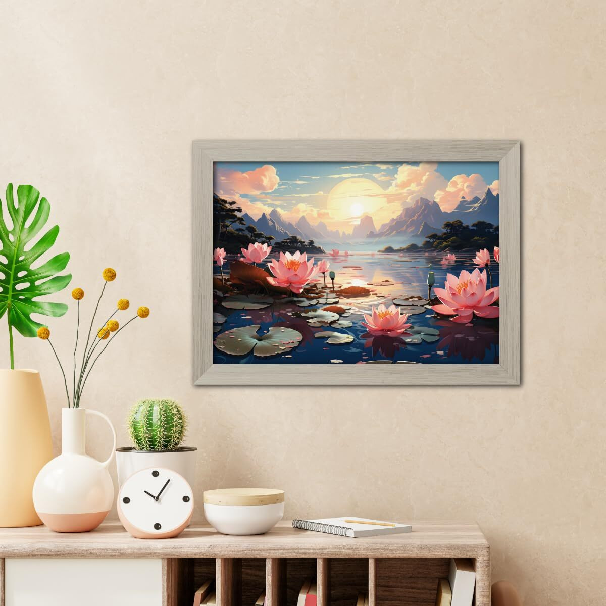 Tenorarts Lotus Photo Frame Vastu Positivity Abstract Art Framed Aesthetic Wall Painting With White Wooden Texture For Living Rooms Office Bedroom - Paintings/Wall Hangings (12Inches X 9Inches)