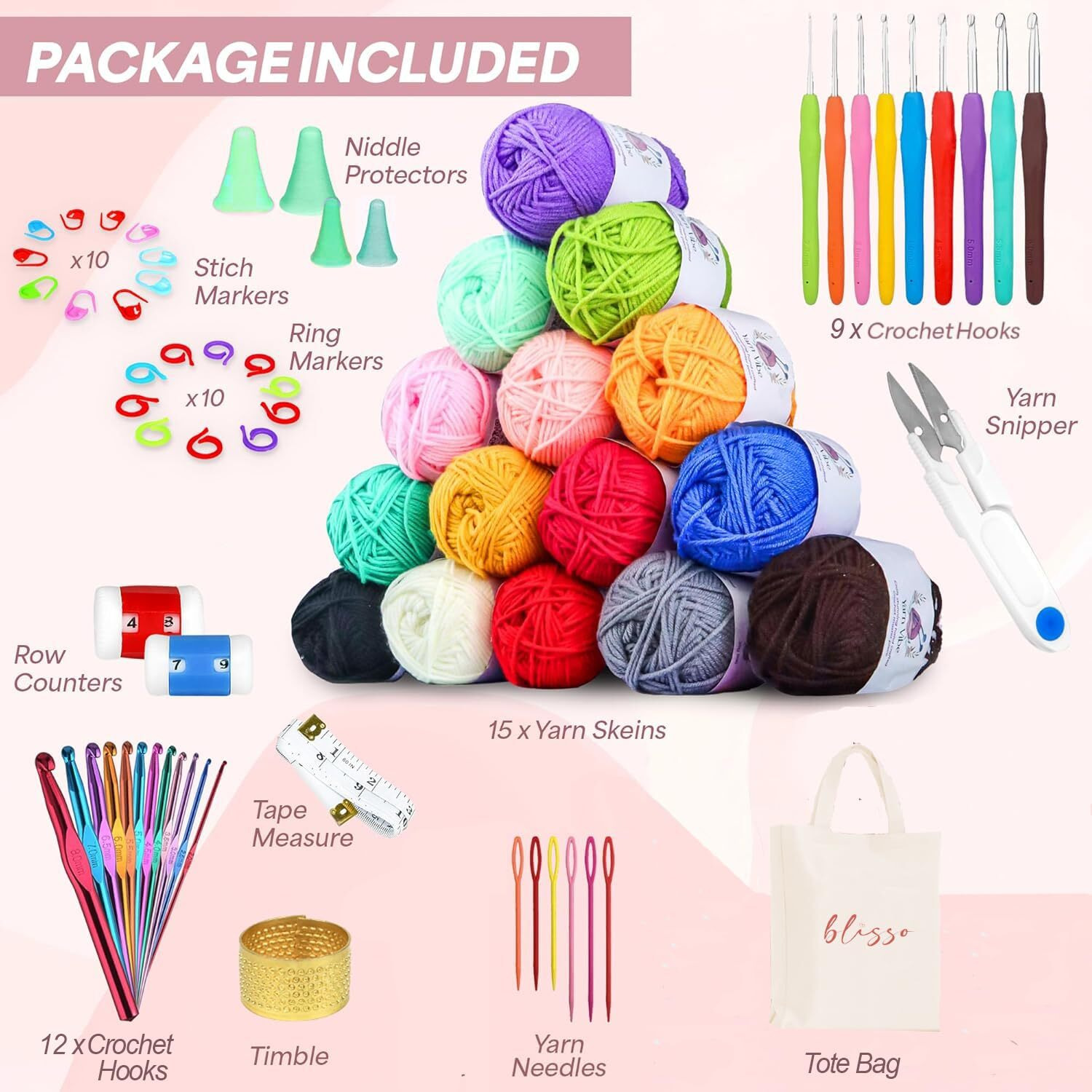 Blisso 73 Pieces Crochet Set With Yarn & Hook Kit For Beginners And Adults  Diy Crocheting Kit And Knitting Kit Complete Starter Combo For 1000S Of Crochet Projects