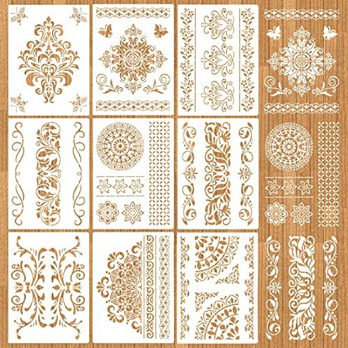 Mwoot 9Pcs Mandala Flower Stencils Kit, Reusable Drawing Painting Templates For Wood Wall Art Designs, Diy Butterfly Paint Templates For Painting On Kitchen Floor Scrapbooking Decoration (28X21Cm)