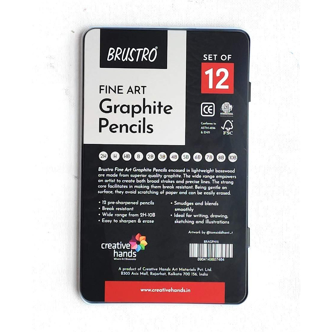 Brustro Artists Fineart Graphite Pencils, Set Of 12 (10B-2H) | With Eco Pvc Dust Free Eraser (Pack Of 2) | Ideal For Drawing,Sketching,Mandala,Shading,Artwork, Artists, Professionals.