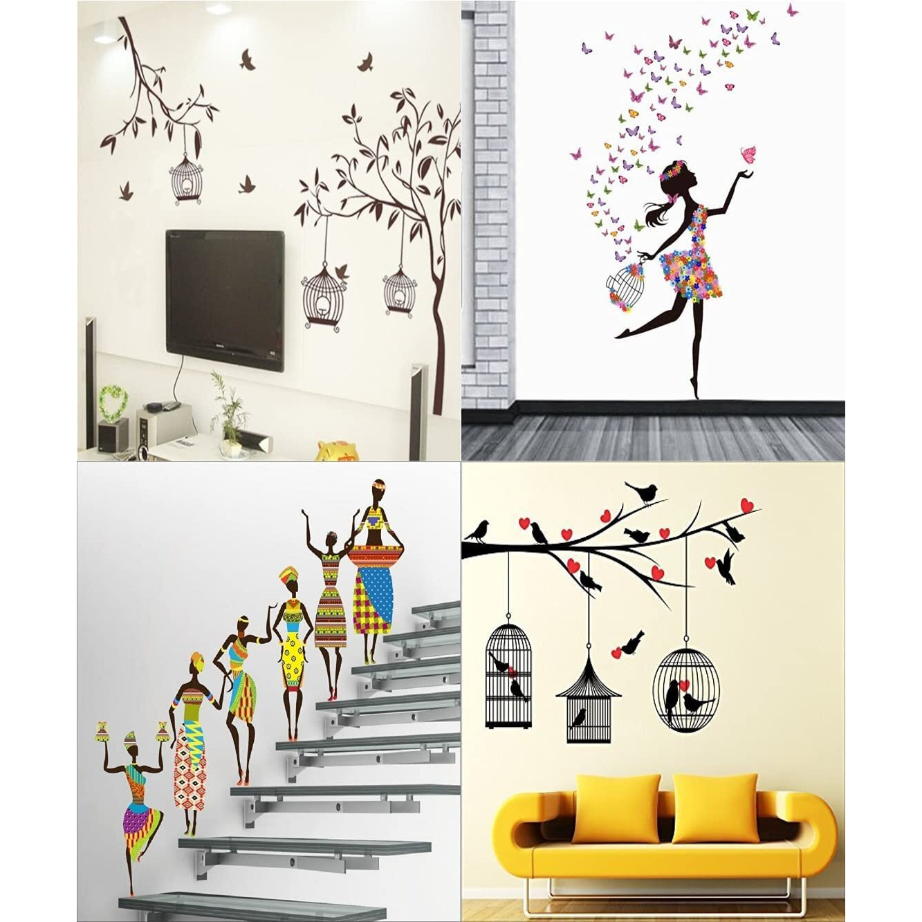 Ghar Kraft Set Of 4 Wall Sticker Tribal Lady (180 X 60 Cms) | Free Bird Cage Brown (150 X 115 Cms) | Dream Girl (60 X 90 Cm) | Love Birds With Hearts (125 X 85 Cms) -Material Vinyl