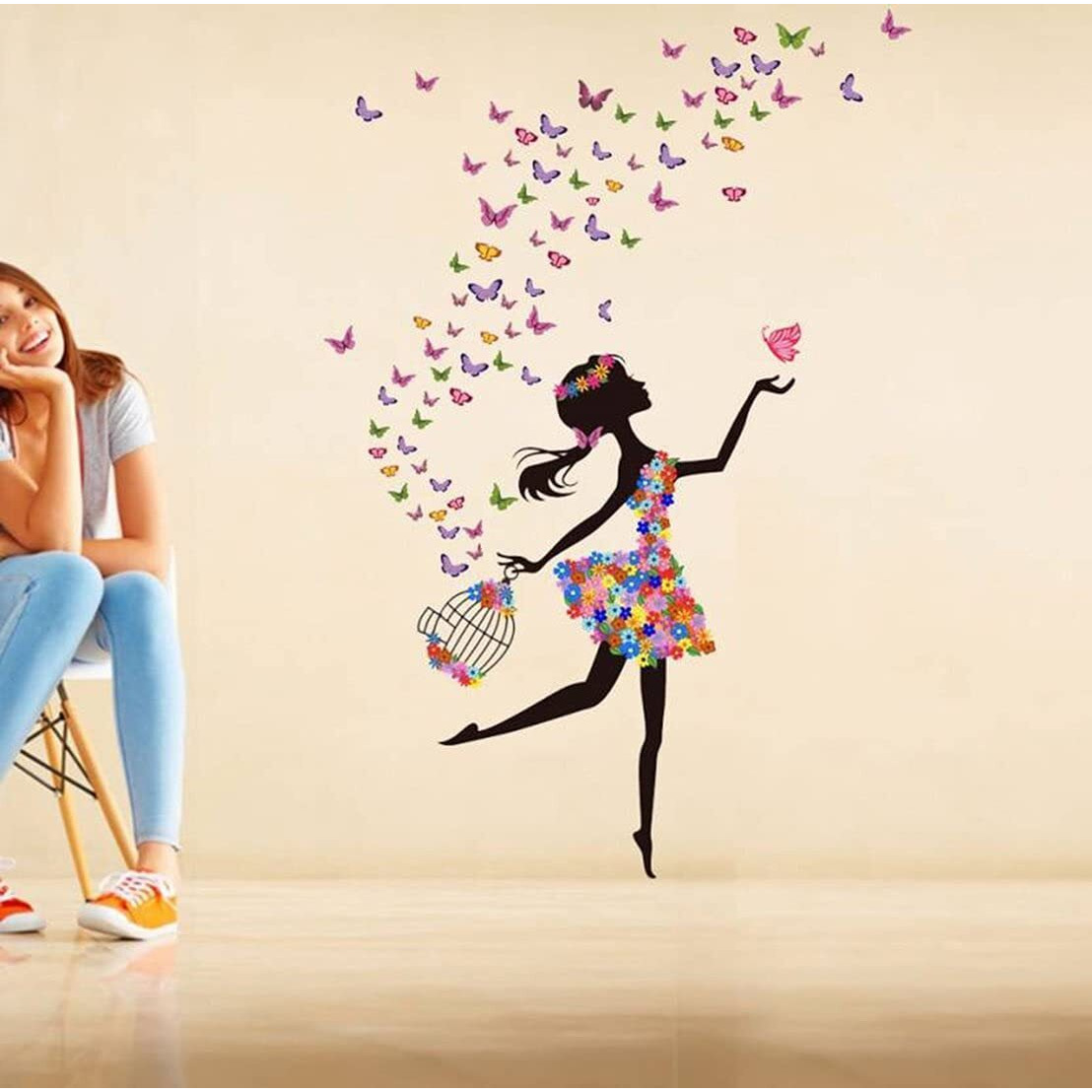 Ghar Kraft Set Of 4 Wall Sticker Tribal Lady (180 X 60 Cms) | Free Bird Cage Brown (150 X 115 Cms) | Dream Girl (60 X 90 Cm) | Love Birds With Hearts (125 X 85 Cms) -Material Vinyl