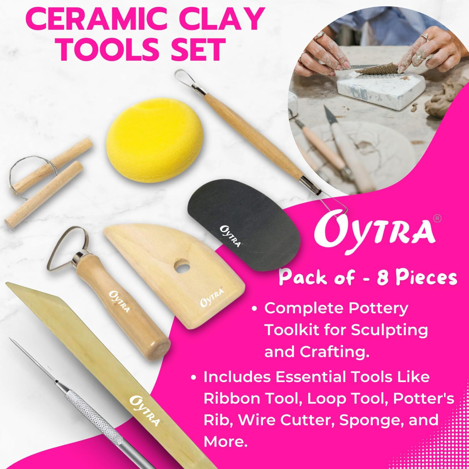 Oytra Pottery Sculpting Tools 8 Pcs/Set Steel Modeling Wooden Handle Tool For Clay Ceramic Dough Carving Shaping Terracotta Art And Craft For Beginners Artists Professionals Hobbiysts