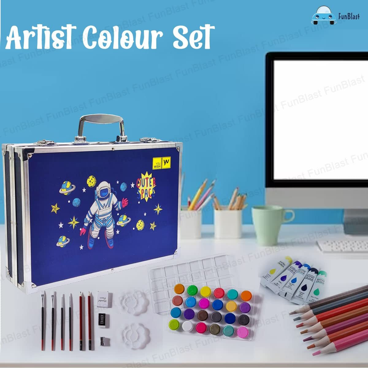 Funblast Artist Colour Set - Space Theme Color Box With Multiple Coloring Kit, Professional Drawing Color Pencils, Oil Pastel, Sketches, Water Colors And Acrylic Paint Brush For Art Craft (Space)