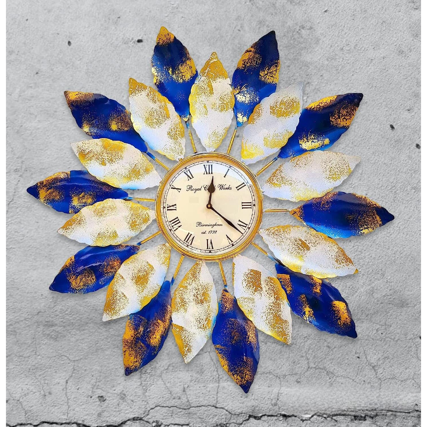 Anshika International Metal Wall Hanging Flower Watch Blue And White Wall Sculpture Metal Centre Piece Decoration Art Beautiful Watch Flower For Home, Office, Hotel Wall Decoration Size - 29Inch