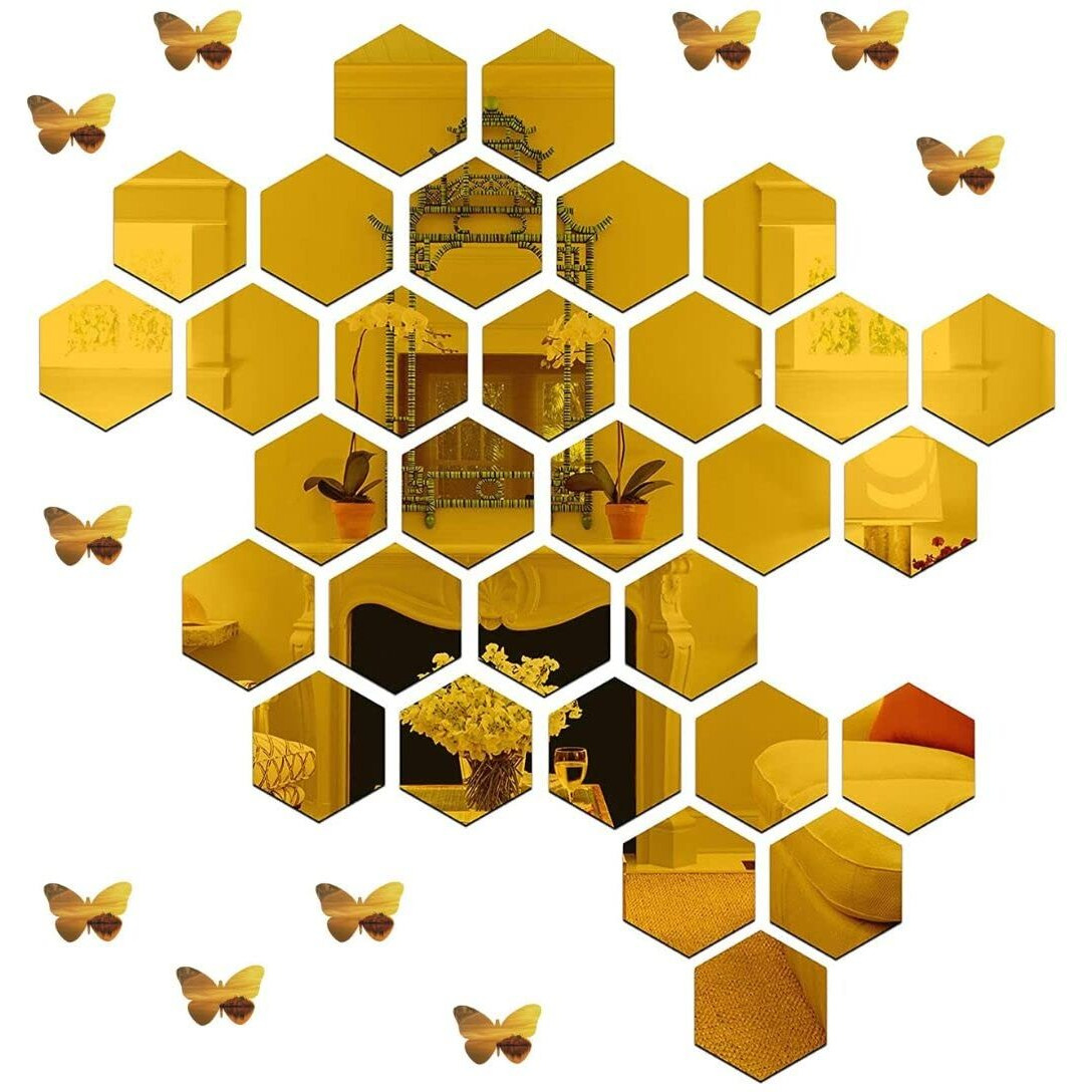 Device Of Mm Meraki Mart Acrylic Non Glass Hexagonal Mirror Stickers For Wall,Wall Decoration Sticker,For Kids Room,Bedroom,Home&Kitchen,Office,Bedroom,Living Room,Garden(Golden,Pack Of 14)