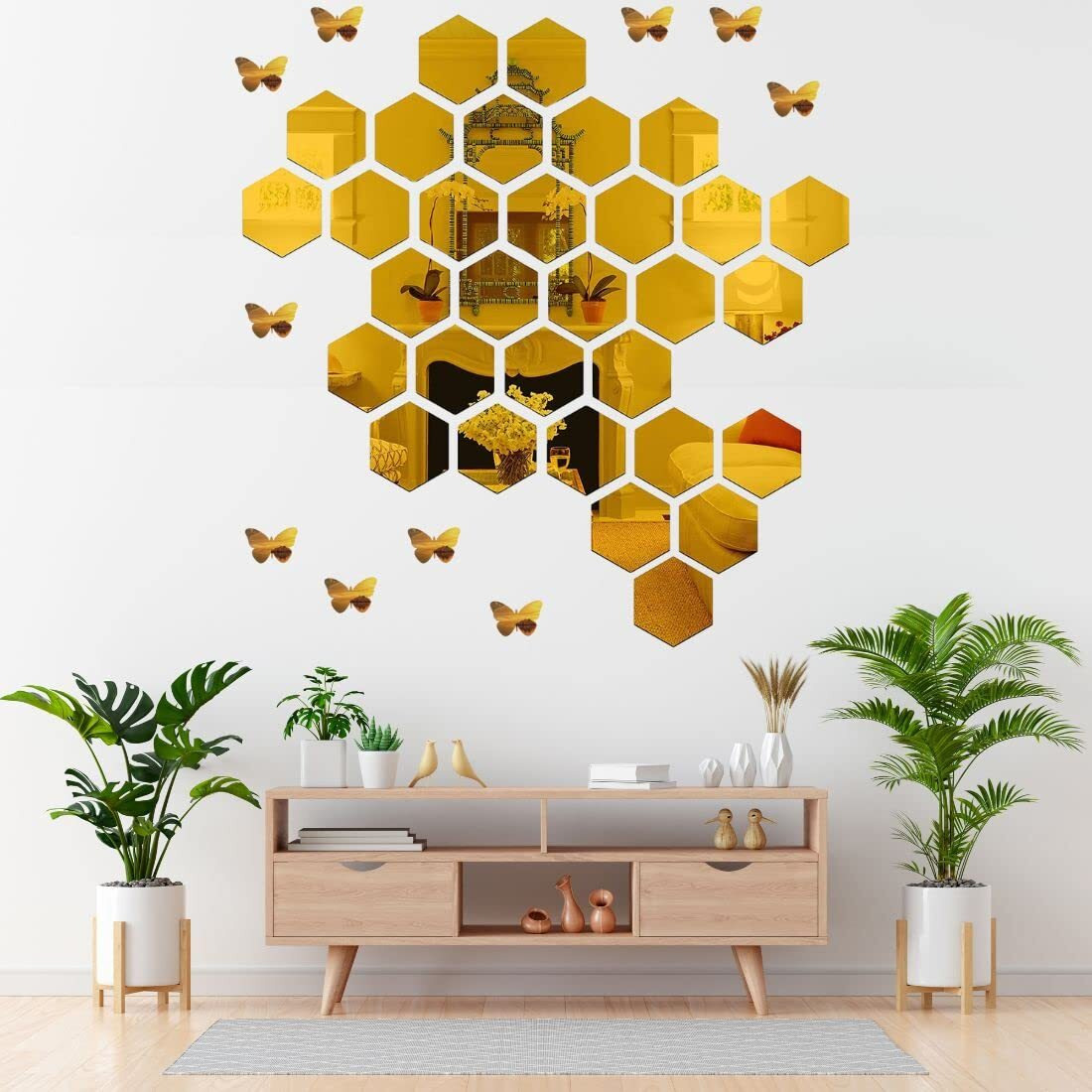 Device Of Mm Meraki Mart Acrylic Non Glass Hexagonal Mirror Stickers For Wall,Wall Decoration Sticker,For Kids Room,Bedroom,Home&Kitchen,Office,Bedroom,Living Room,Garden(Golden,Pack Of 14)