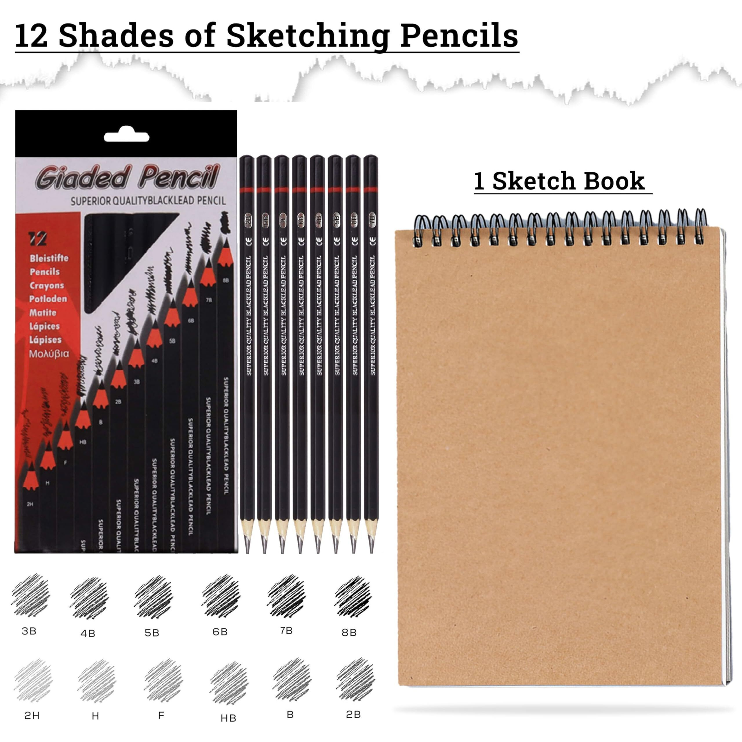 Dakos Professional Sketch Pencil Set Of 13 Pieces, Drawing Supplies, Drawing Art Pencils Kit For Artists, With A5 Paper Sketch Book