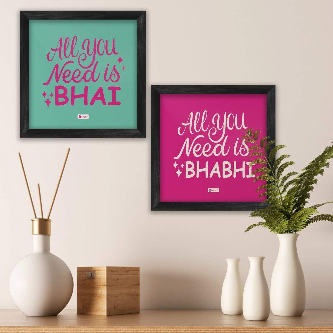Indigifts Rakhi For Bhaiya Bhabhi | All You Need Is Bhai & Bhabhi Printed Multi 2 Poster Frames 6&quotX6", Pyara Bhaiya & Pyari Bhabhi Lumba Rakhi Set | Anniversary Gift, Rakshabandhan Gift