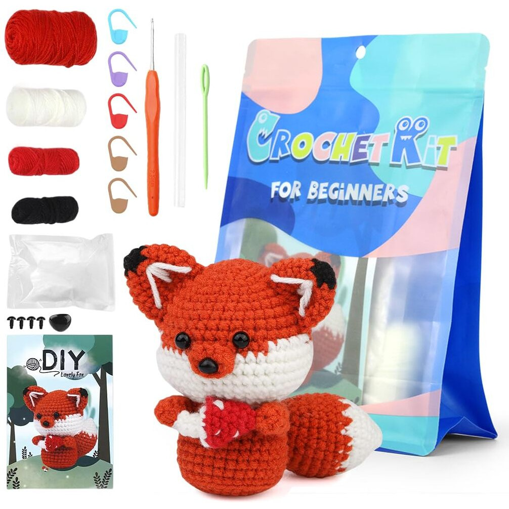 Zibuyu Diy Crochet Kit Starter Diy Crochet Red Fox Diy Crocheting Fox Stuffed Toy Crocheting Kit Starter Diy Crocheting Kit Diy Gift For Kids, Friends