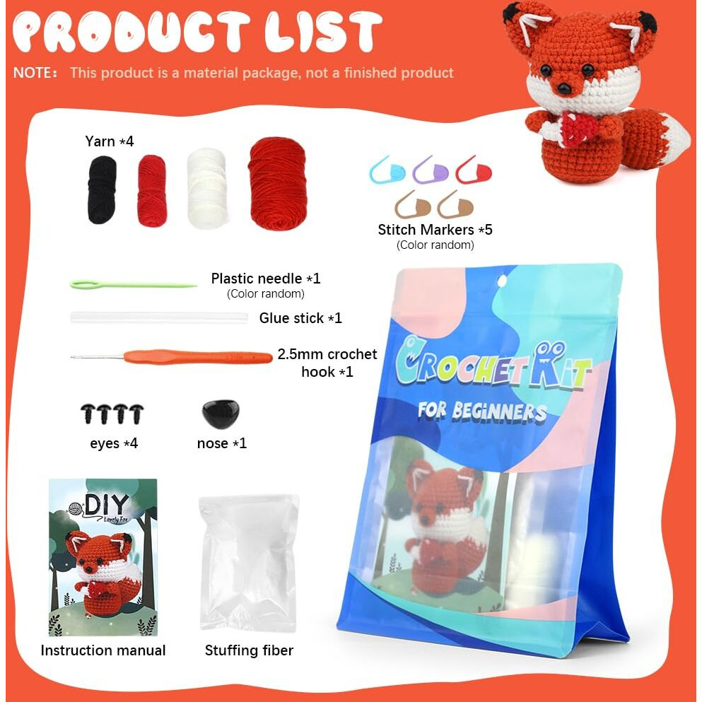 Zibuyu Diy Crochet Kit Starter Diy Crochet Red Fox Diy Crocheting Fox Stuffed Toy Crocheting Kit Starter Diy Crocheting Kit Diy Gift For Kids, Friends