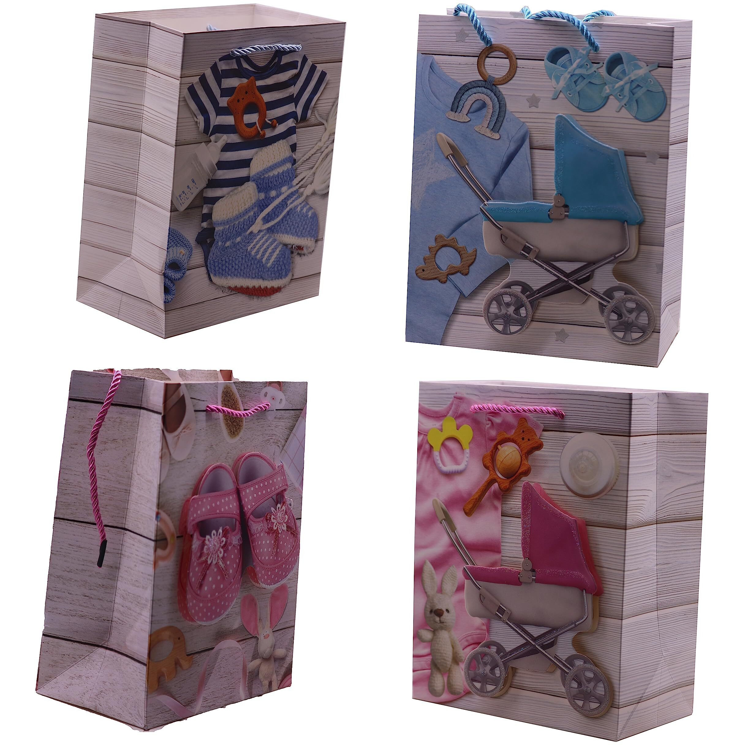 Sgmart 3D Baby Boy Girls Gift Paper Bag For Deluxe Rich Taste On Birthday Parties/Baby Shower/Schools Gifts/Festivals/Party And New Parents(Set Of 4)