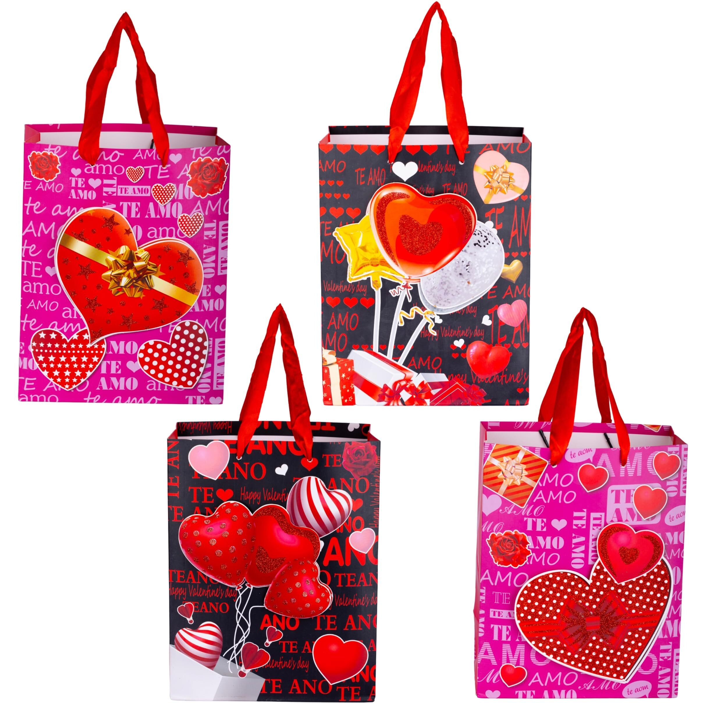 Sgmart 3D Multi ValentineS Day Rose Love Cardboard Gifts Paper Bags For Gifting People With Rich Taste On Collage/School/Anniversary/Birthday Parties And Wedding Candy Bag(Set Of 4)