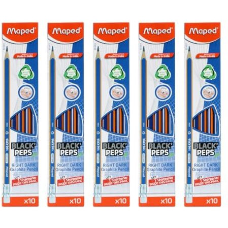 Maped Dark Graphite Pencil Set Of 5X10Pcs|Writing Pencils|50 Pencils With Eraser Tip, 5 Free Sharpeners|Triangular Shape For Easy Grip|Soft And Extra Dark|Wood-Free Pencils|Graphite Pencils|Extra Dark